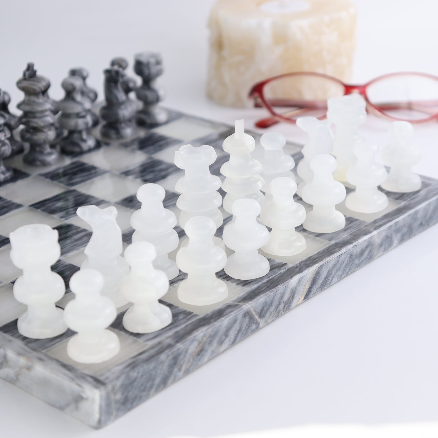 Medium Onyx and Marble Chess Set (Gray) - Expert Wholesale and Supplier of Wholesale Crystals & Bulk Gemstones, ["Black Marble","Catalog Onyx","Marble","onyx"]