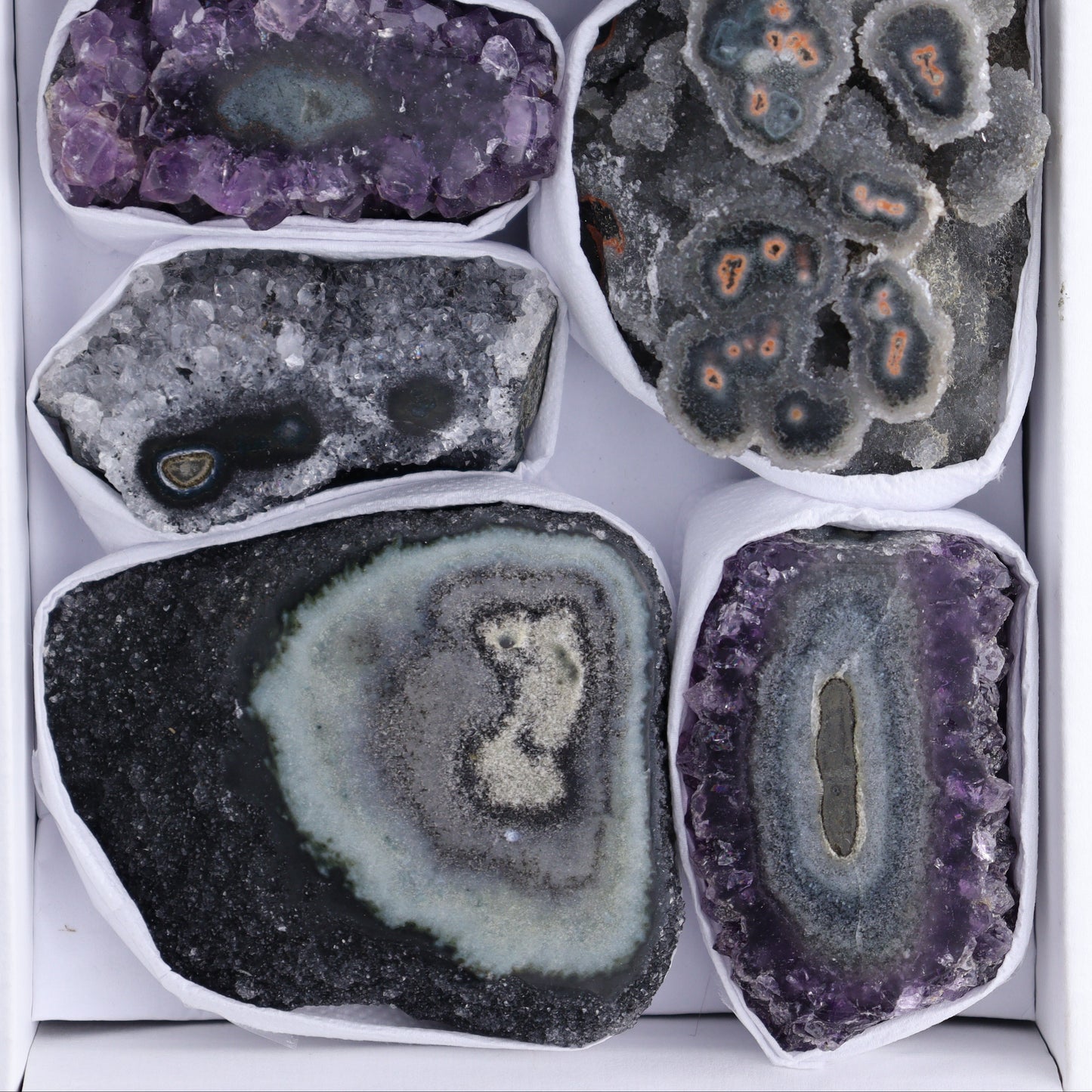 Uruguay Amethyst Clusters with "Eyes" Flat of 9 - Expert Wholesale and Supplier of Wholesale Crystals & Bulk Gemstones, []