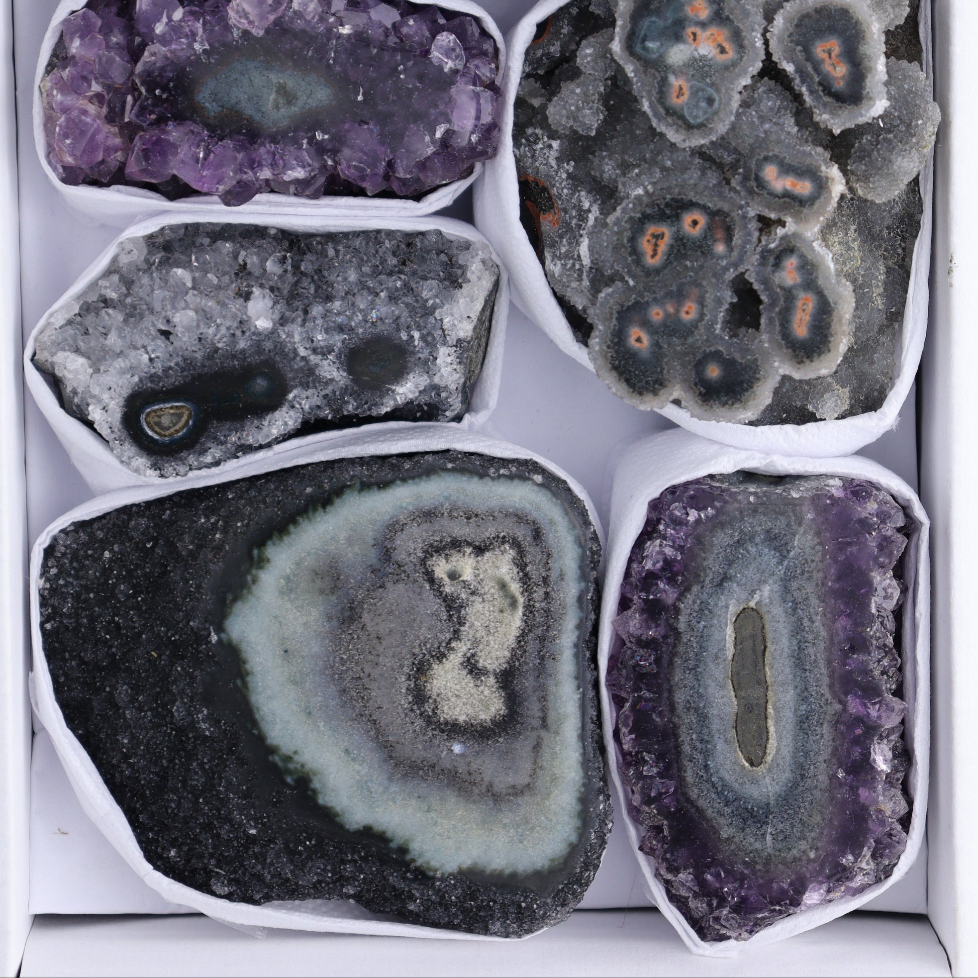 Uruguay Amethyst Clusters with "Eyes" Flat of 9 - Expert Wholesale and Supplier of Wholesale Crystals & Bulk Gemstones, []