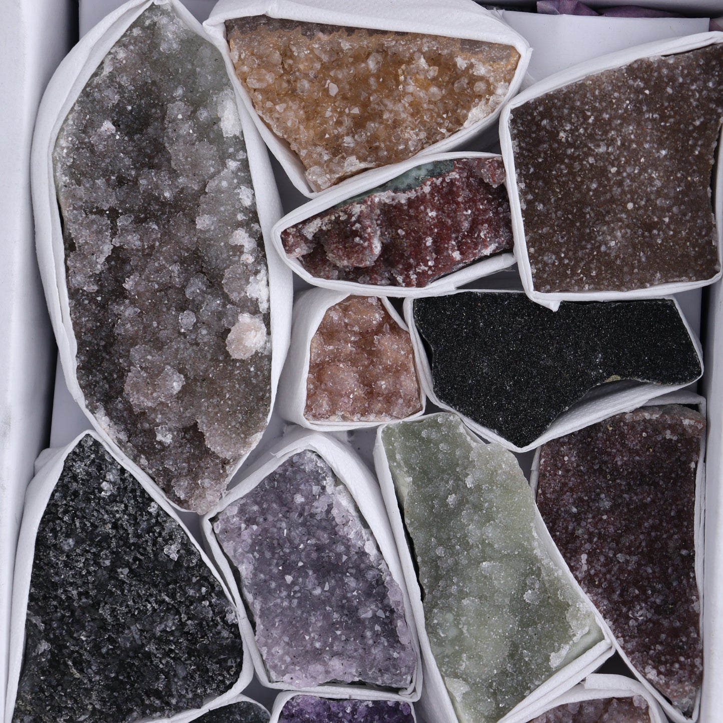 Uruguay Rainbow Amethyst Clusters Flat of 13 - Expert Wholesale and Supplier of Wholesale Crystals & Bulk Gemstones, ["Amethyst","Clusters","Rainbow Amethyst","Sugar Rainbow Amethyst","Uruguay"]