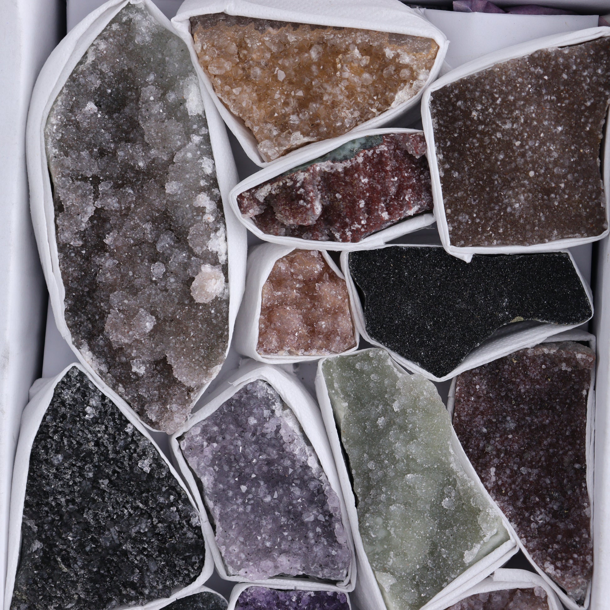 Uruguay Rainbow Amethyst Clusters Flat of 13 - Expert Wholesale and Supplier of Wholesale Crystals & Bulk Gemstones, ["Amethyst","Clusters","Rainbow Amethyst","Sugar Rainbow Amethyst","Uruguay"]