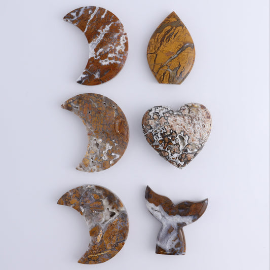 Brecciated Jasper Mixed Carvings Set of 6 - Expert Wholesale and Supplier of Wholesale Crystals & Bulk Gemstones, ["Brecciated Jasper","Freeform","Freeforms","Hearts","Indonesia","Mermaid Tail","moons"]