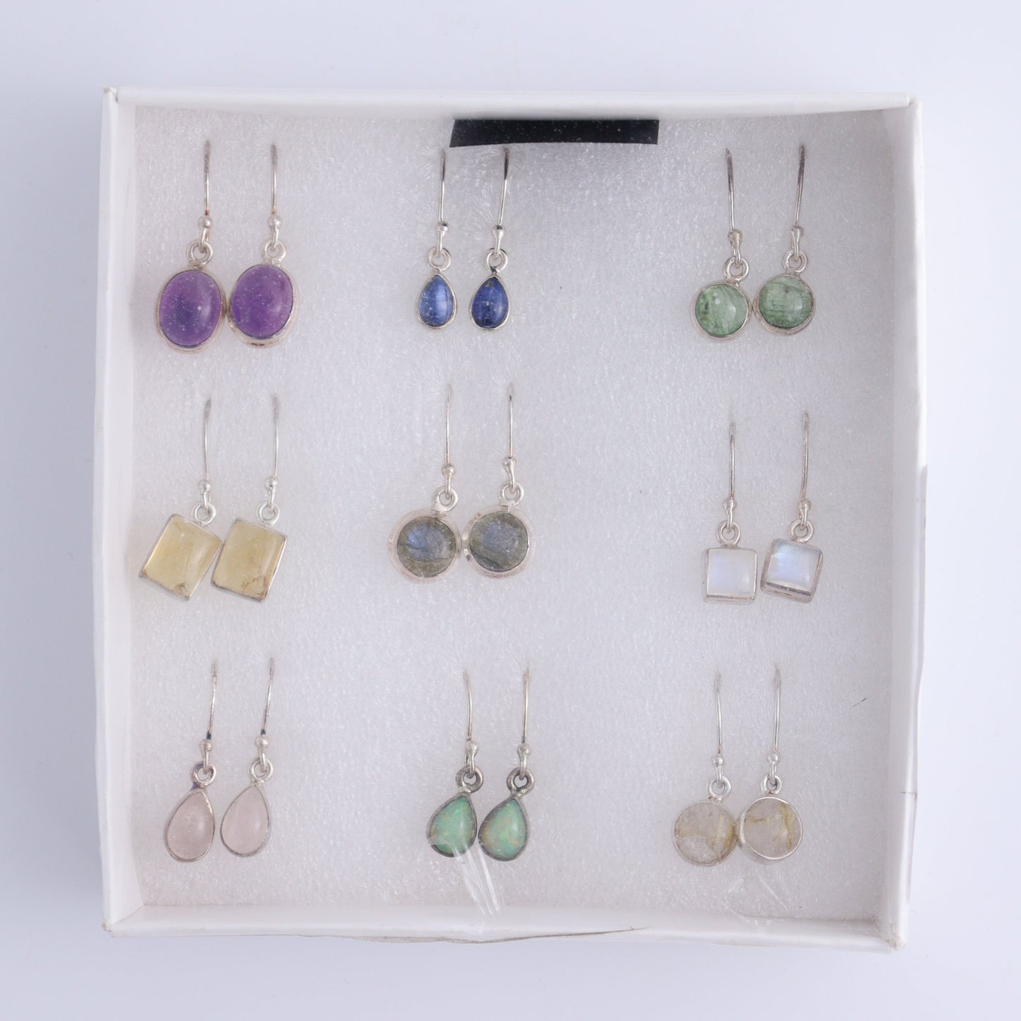 Mixed Gemstones Earrings Set of 9 - Expert Wholesale and Supplier of Wholesale Crystals & Bulk Gemstones, ["Amethyst","Citrine","close_50","earrings","ethiopian opal","Golden Rutile","India","Kyanite","Labradorite","Rainbow Moonstone","Rose Quartz","sterling silver"]