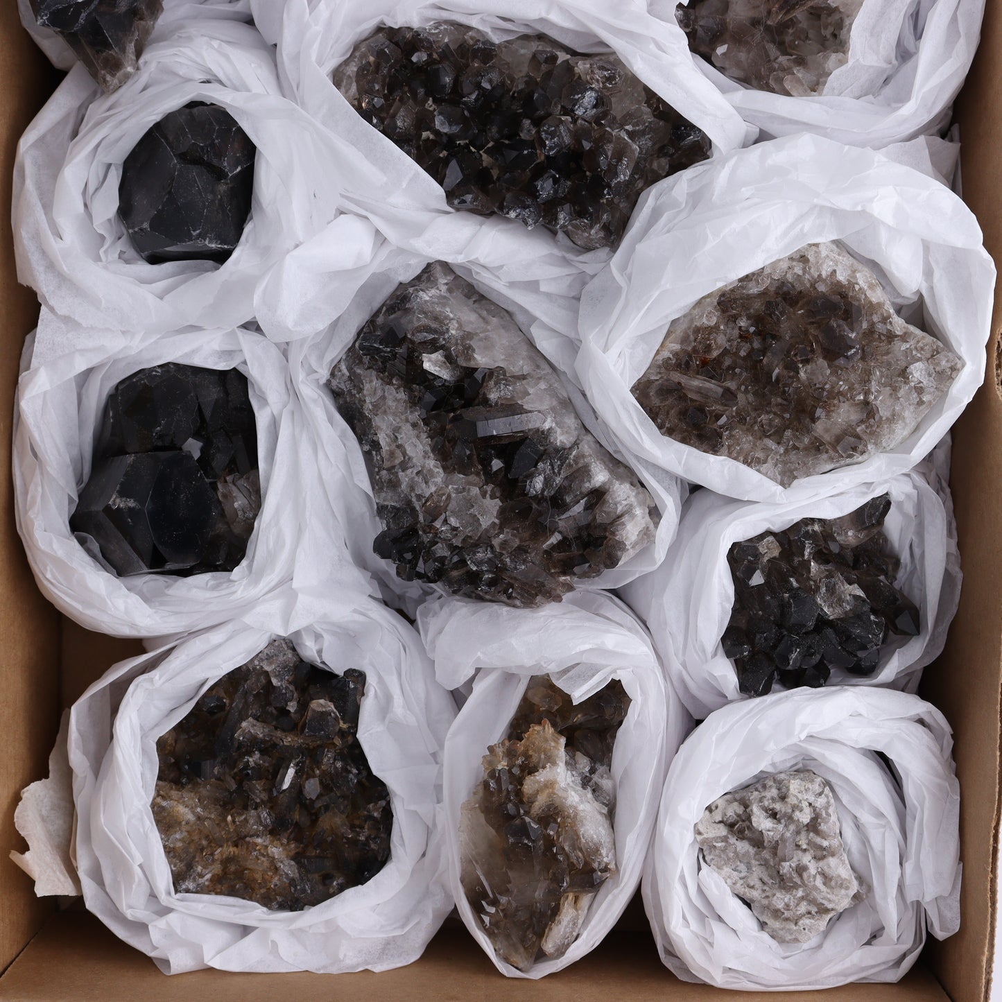 Smoky Quartz Clusters Set of 12 - Expert Wholesale and Supplier of Wholesale Crystals & Bulk Gemstones, ["Brazil","close_70","cluster","Clusters","Quartz","Smoky Quartz"]