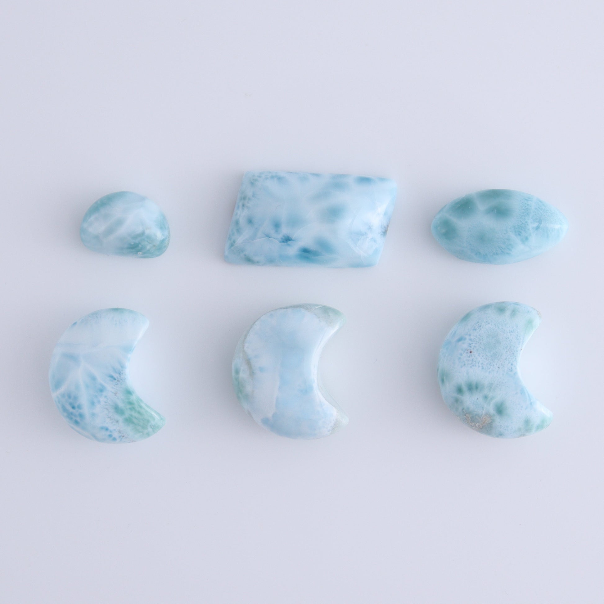 Larmiar Moons and Freeforms Set of 6 - Expert Wholesale and Supplier of Wholesale Crystals & Bulk Gemstones, ["Freeforms","Larimar","moons"]