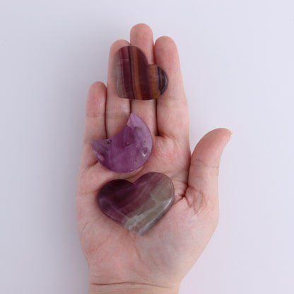 Fluorite Mixed Shapes Set of 7 - Expert Wholesale and Supplier of Wholesale Crystals & Bulk Gemstones, ["Fluorite","heart","Hearts","moons","Oval"]