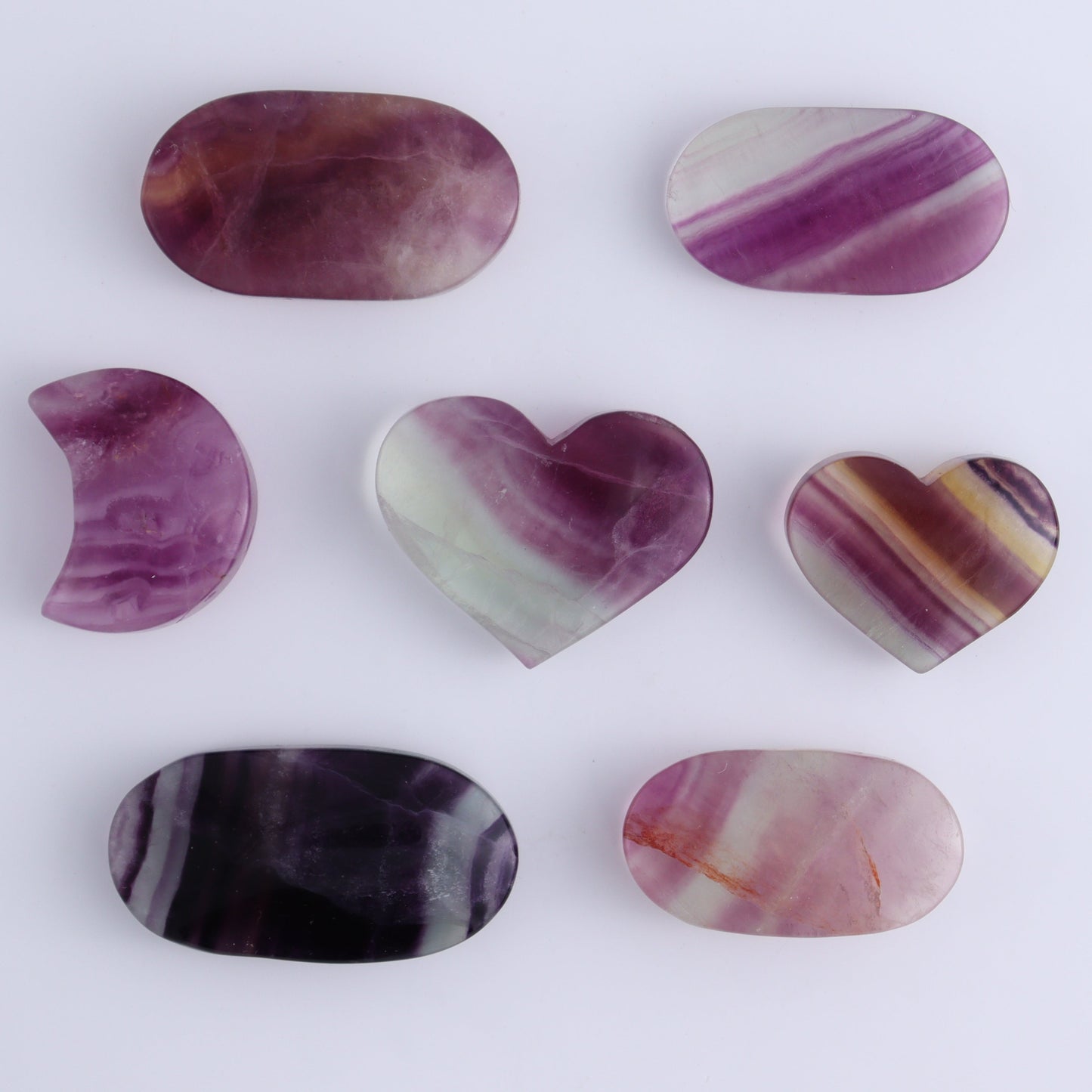 Fluorite Mixed Shapes Set of 7 - Expert Wholesale and Supplier of Wholesale Crystals & Bulk Gemstones, ["Fluorite","heart","Hearts","moons","Oval"]