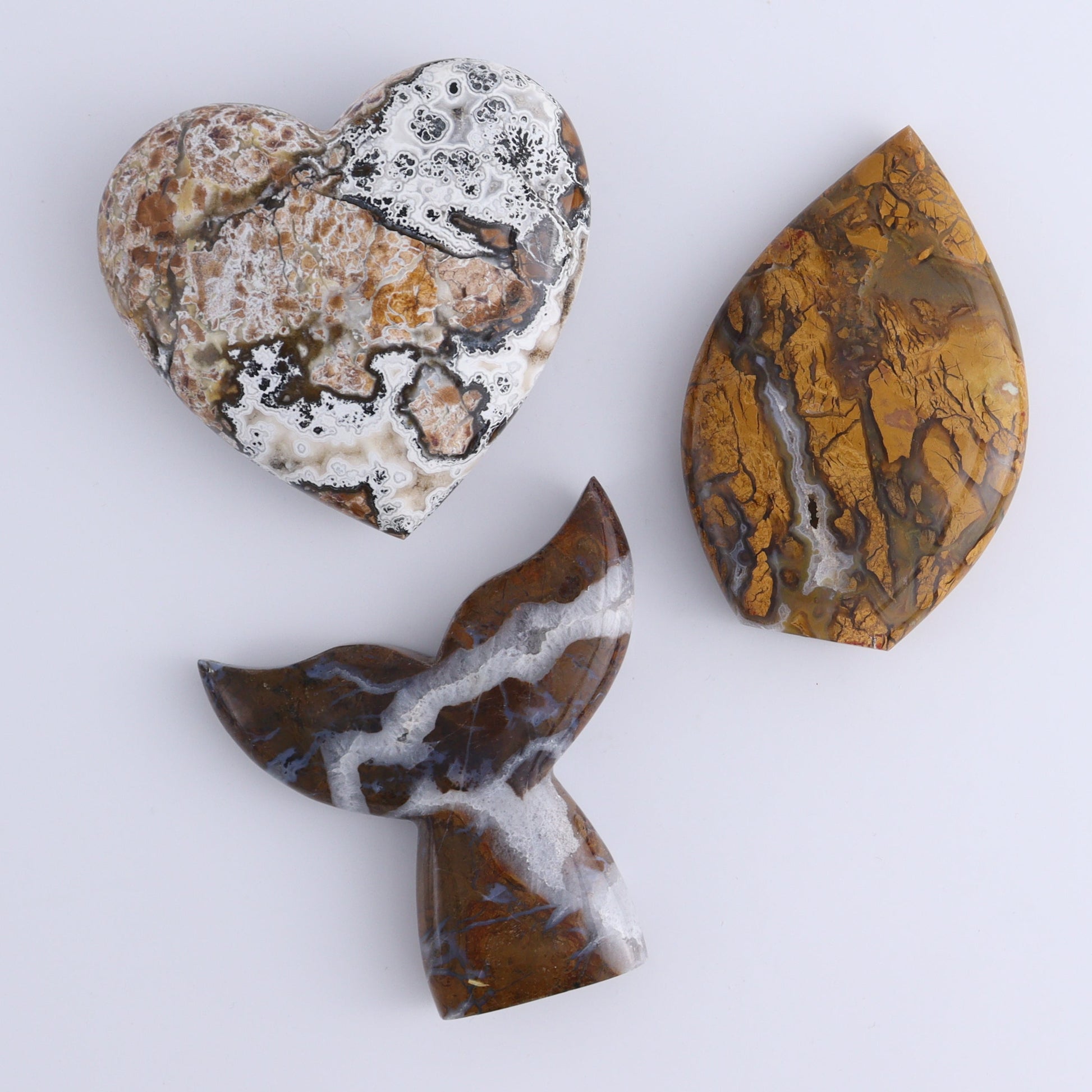 Brecciated Jasper Mixed Carvings Set of 6 - Expert Wholesale and Supplier of Wholesale Crystals & Bulk Gemstones, ["Brecciated Jasper","Freeform","Freeforms","Hearts","Indonesia","Mermaid Tail","moons"]