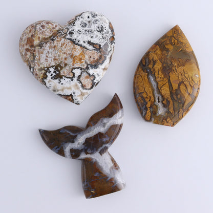 Brecciated Jasper Mixed Carvings Set of 6 - Expert Wholesale and Supplier of Wholesale Crystals & Bulk Gemstones, ["Brecciated Jasper","Freeform","Freeforms","Hearts","Indonesia","Mermaid Tail","moons"]