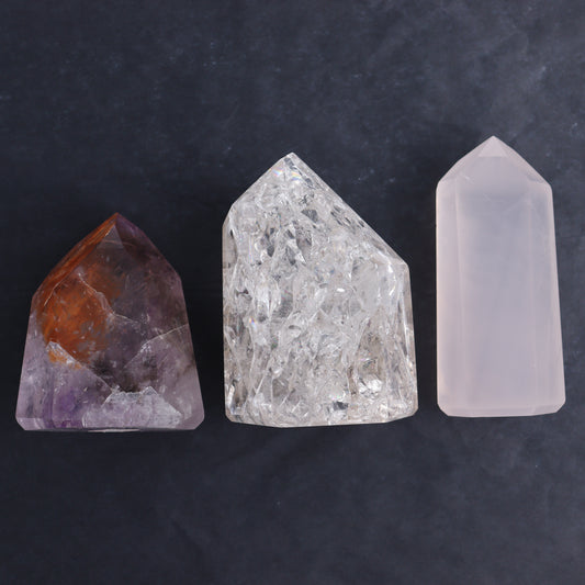 Mixed Quartz Towers Set of 3 - Expert Wholesale and Supplier of Wholesale Crystals & Bulk Gemstones, ["Clear Quartz","Points","Quartz","Rose Quartz","Towers"]