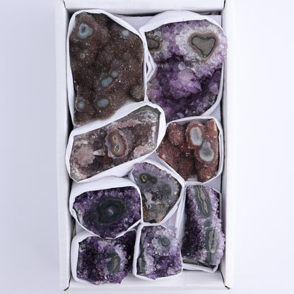 Uruguay Amethyst Clusters with "Eyes" Flat of 9 - Expert Wholesale and Supplier of Wholesale Crystals & Bulk Gemstones, []