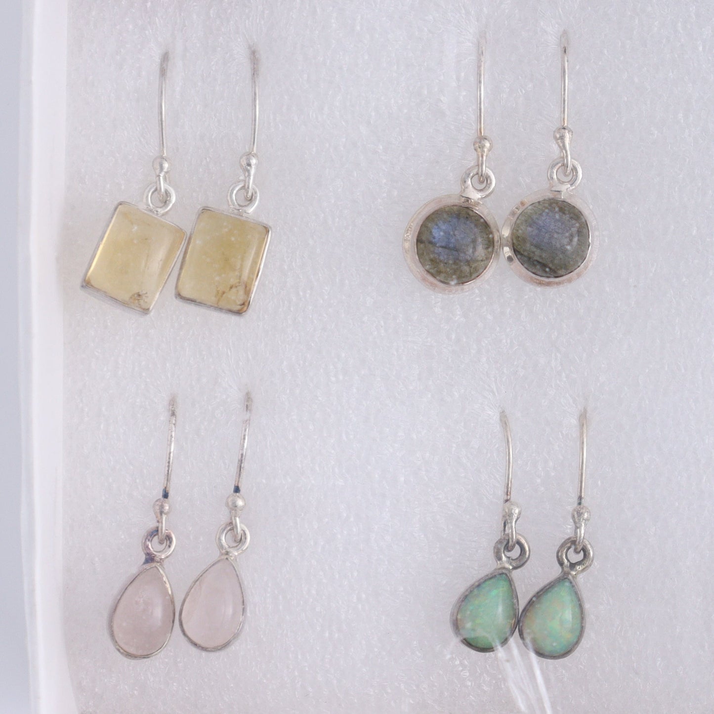 Mixed Gemstones Earrings Set of 9 - Expert Wholesale and Supplier of Wholesale Crystals & Bulk Gemstones, ["Amethyst","Citrine","close_50","earrings","ethiopian opal","Golden Rutile","India","Kyanite","Labradorite","Rainbow Moonstone","Rose Quartz","sterling silver"]