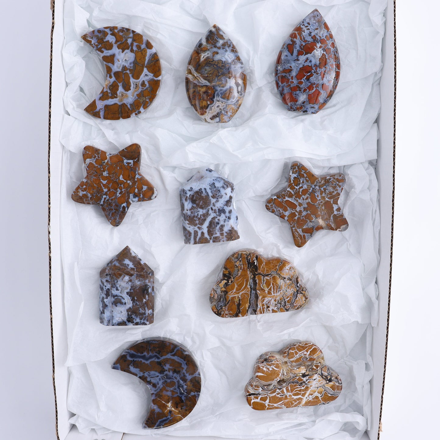 Brecciated Jasper Moons, Stars, Towers, Clouds, and Flames Set of 10