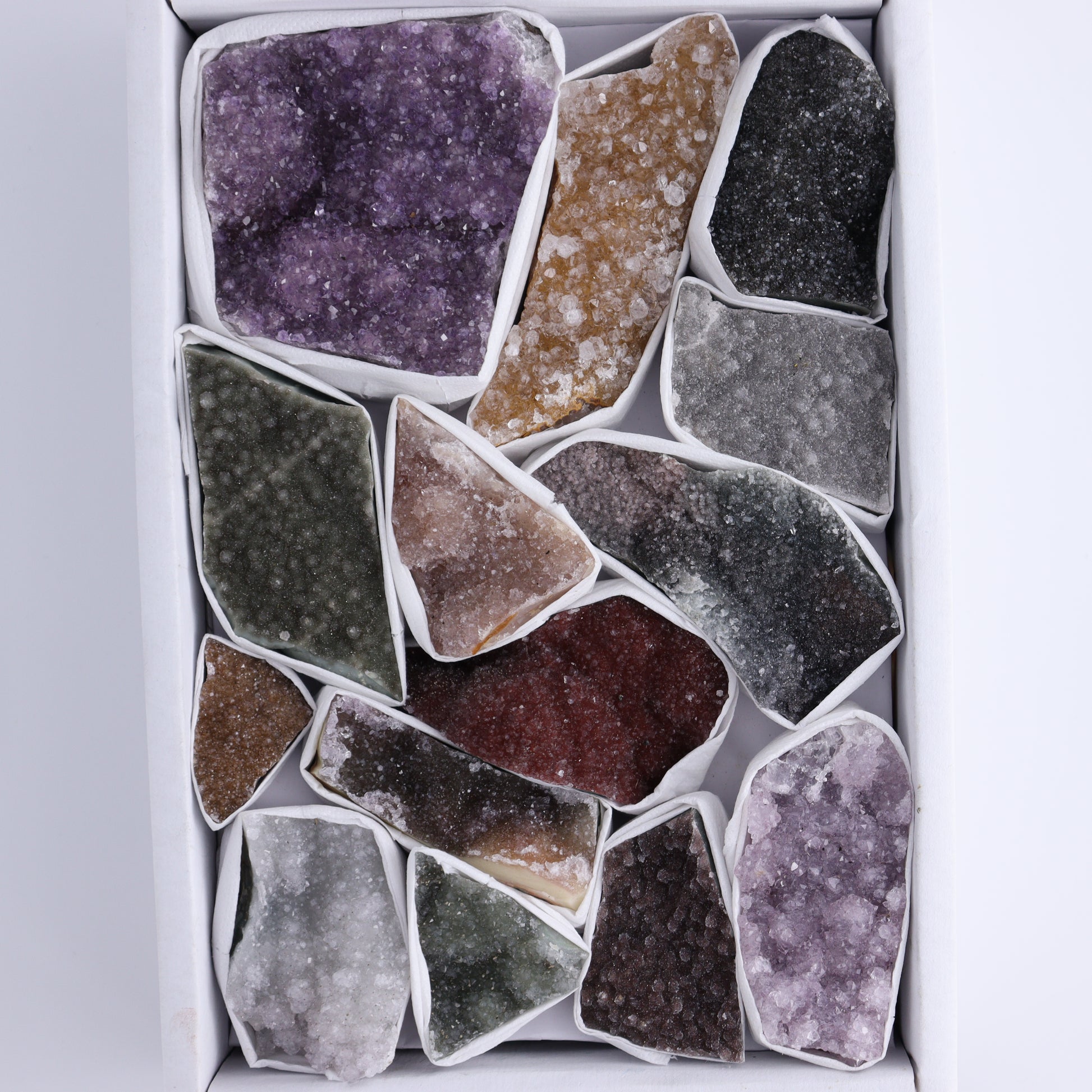 Uruguay Rainbow Amethyst Clusters Flat of 14 - Expert Wholesale and Supplier of Wholesale Crystals & Bulk Gemstones, ["Amethyst","Clusters","Rainbow Amethyst","Sugar Rainbow Amethyst","Uruguay"]