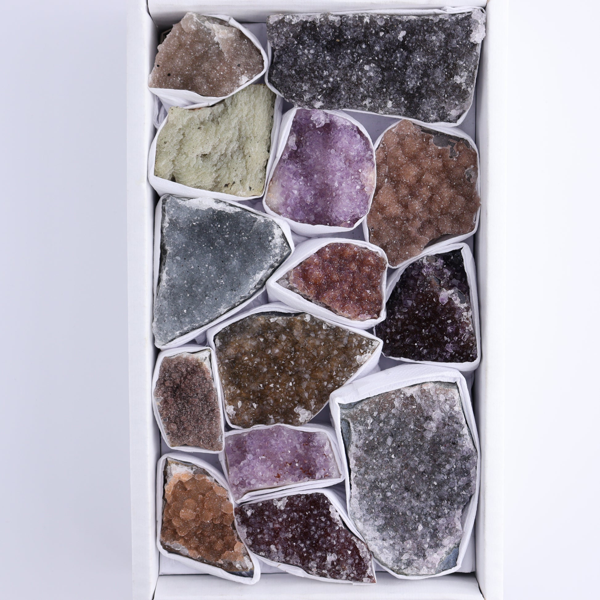 Uruguay Rainbow Amethyst Clusters Flat of 14 - Expert Wholesale and Supplier of Wholesale Crystals & Bulk Gemstones, ["Amethyst","Clusters","Rainbow Amethyst","Sugar Rainbow Amethyst","Uruguay"]