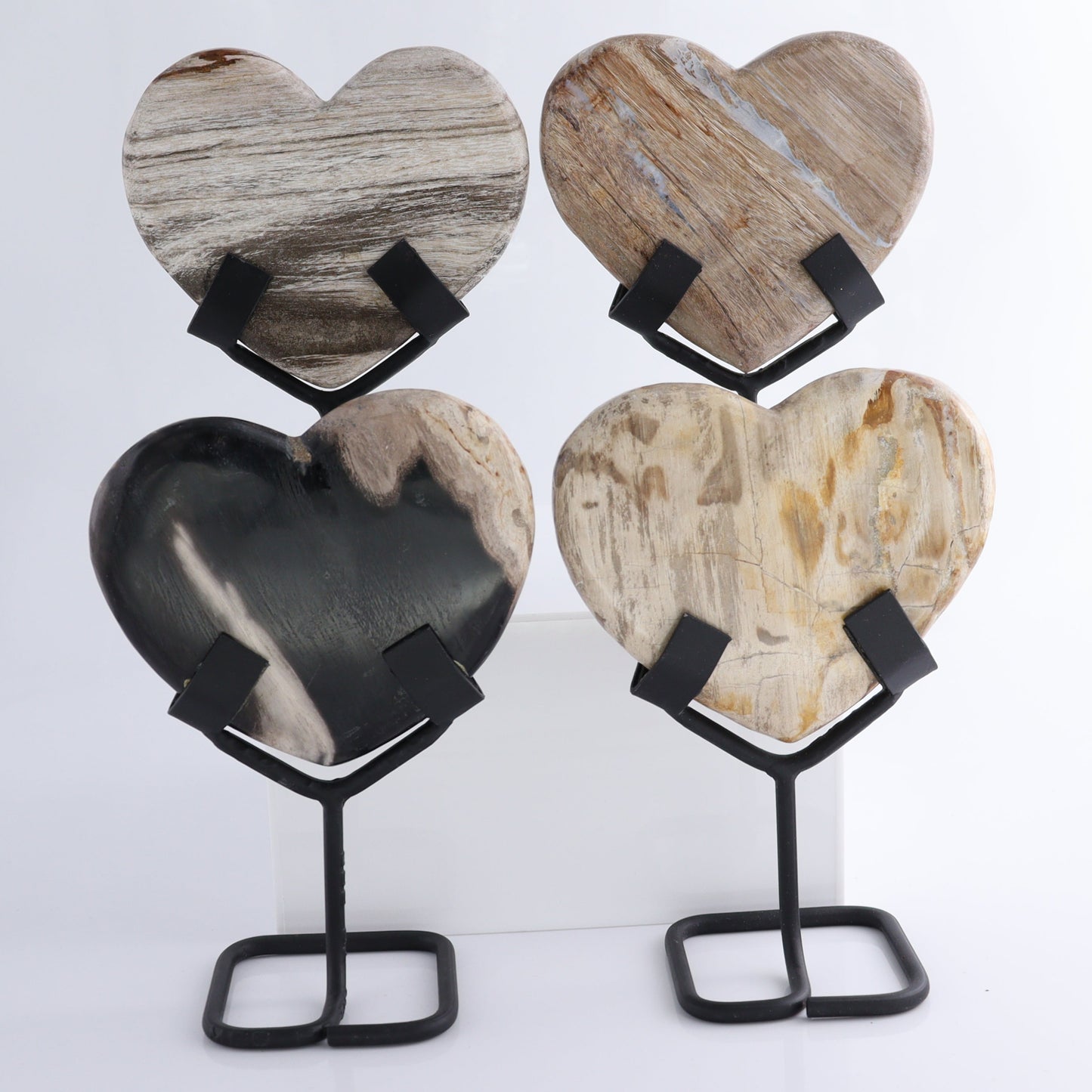 Petrified Wood Hearts with Stands Set of 4 - Expert Wholesale and Supplier of Wholesale Crystals & Bulk Gemstones, ["Hearts","Indonesia","Petrified Wood"]