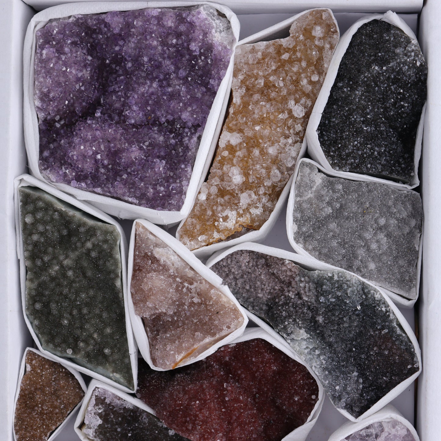 Uruguay Rainbow Amethyst Clusters Flat of 14 - Expert Wholesale and Supplier of Wholesale Crystals & Bulk Gemstones, ["Amethyst","Clusters","Rainbow Amethyst","Sugar Rainbow Amethyst","Uruguay"]