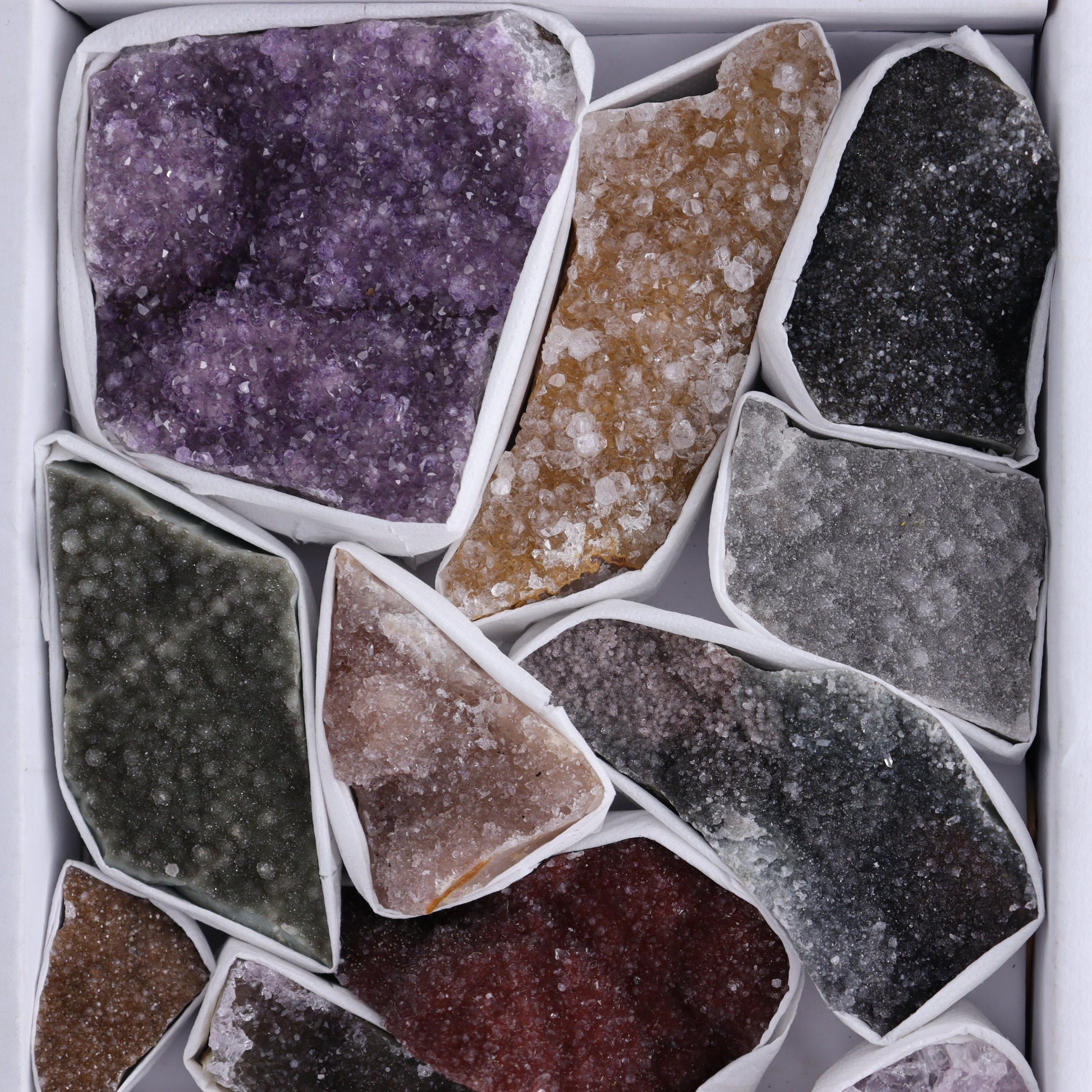 Uruguay Rainbow Amethyst Clusters Flat of 14 - Expert Wholesale and Supplier of Wholesale Crystals & Bulk Gemstones, ["Amethyst","Clusters","Rainbow Amethyst","Sugar Rainbow Amethyst","Uruguay"]