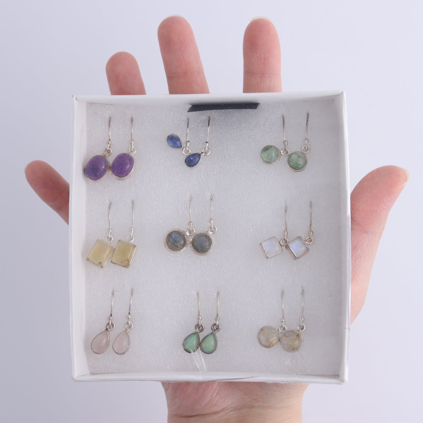 Mixed Gemstones Earrings Set of 9 - Expert Wholesale and Supplier of Wholesale Crystals & Bulk Gemstones, ["Amethyst","Citrine","close_50","earrings","ethiopian opal","Golden Rutile","India","Kyanite","Labradorite","Rainbow Moonstone","Rose Quartz","sterling silver"]