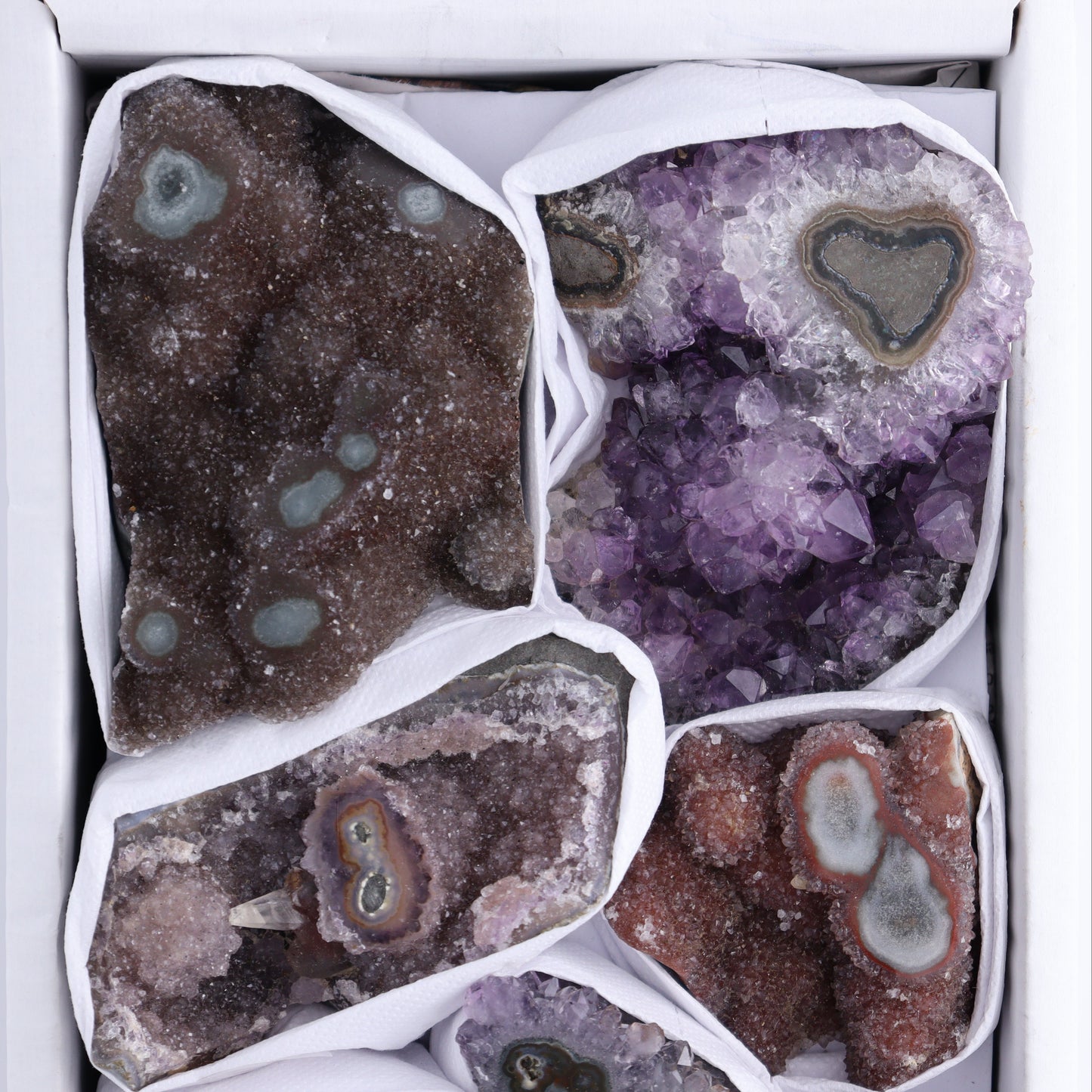Uruguay Amethyst Clusters with "Eyes" Flat of 9 - Expert Wholesale and Supplier of Wholesale Crystals & Bulk Gemstones, []