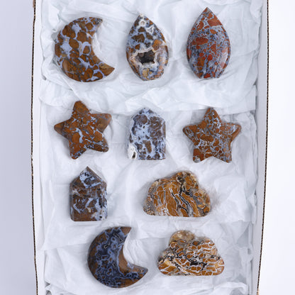 Brecciated Jasper Moons, Stars, Towers, Clouds, and Flames Set of 10