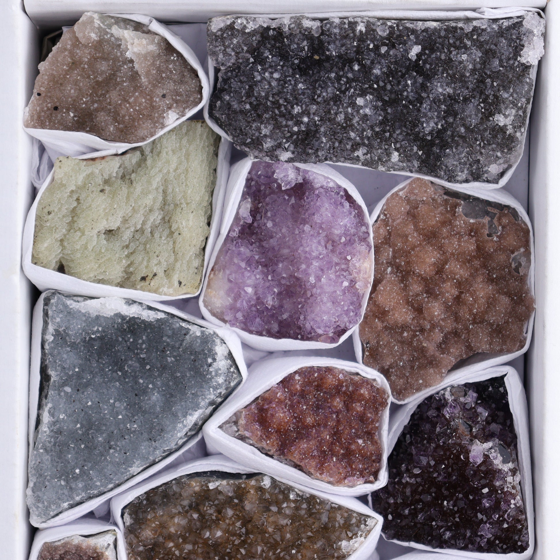 Uruguay Rainbow Amethyst Clusters Flat of 14 - Expert Wholesale and Supplier of Wholesale Crystals & Bulk Gemstones, ["Amethyst","Clusters","Rainbow Amethyst","Sugar Rainbow Amethyst","Uruguay"]