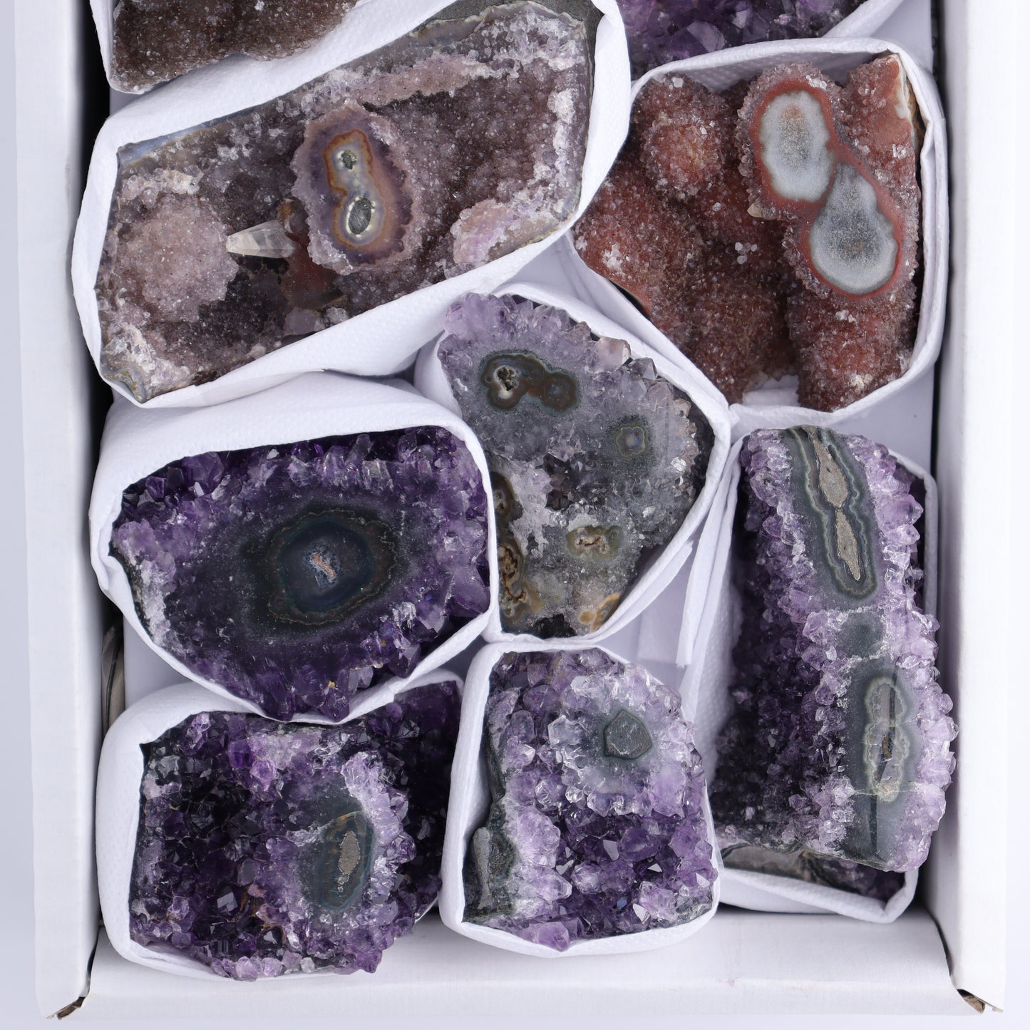 Uruguay Amethyst Clusters with "Eyes" Flat of 9 - Expert Wholesale and Supplier of Wholesale Crystals & Bulk Gemstones, []