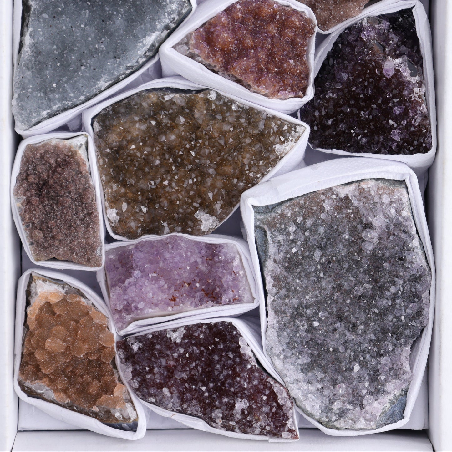 Uruguay Rainbow Amethyst Clusters Flat of 14 - Expert Wholesale and Supplier of Wholesale Crystals & Bulk Gemstones, ["Amethyst","Clusters","Rainbow Amethyst","Sugar Rainbow Amethyst","Uruguay"]