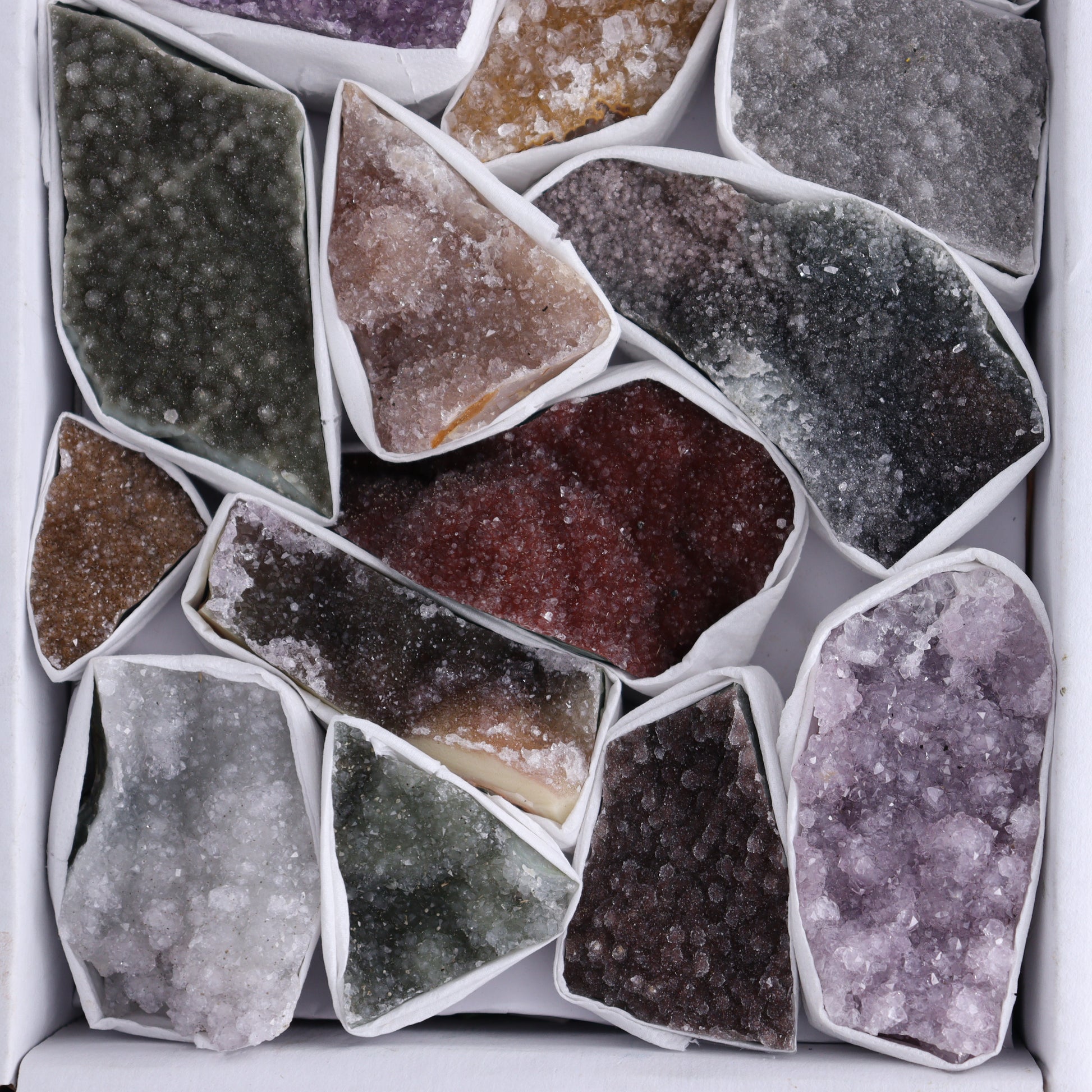 Uruguay Rainbow Amethyst Clusters Flat of 14 - Expert Wholesale and Supplier of Wholesale Crystals & Bulk Gemstones, ["Amethyst","Clusters","Rainbow Amethyst","Sugar Rainbow Amethyst","Uruguay"]