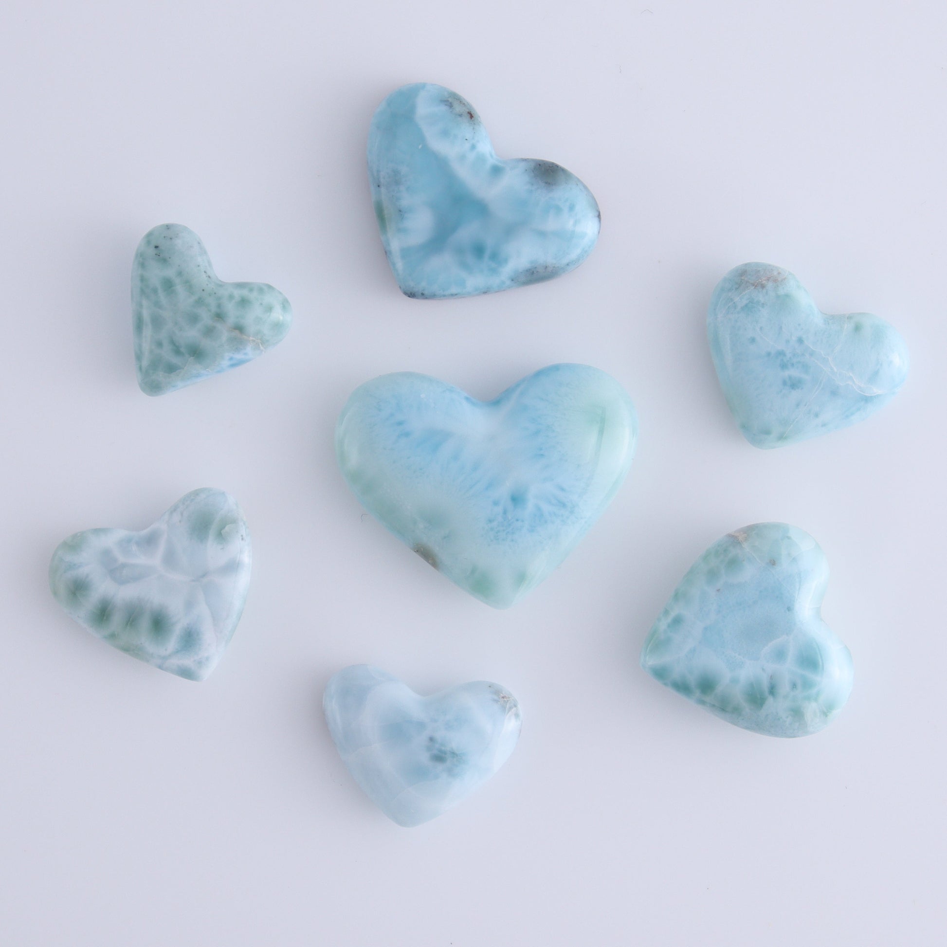 Larmiar Hearts Set of 7 - Expert Wholesale and Supplier of Wholesale Crystals & Bulk Gemstones, ["Freeforms","Larimar","moons"]