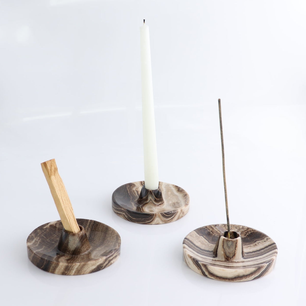 One Palo Santo/Incense/Candle Holder Mexican Onyx/Calcite Chocolate