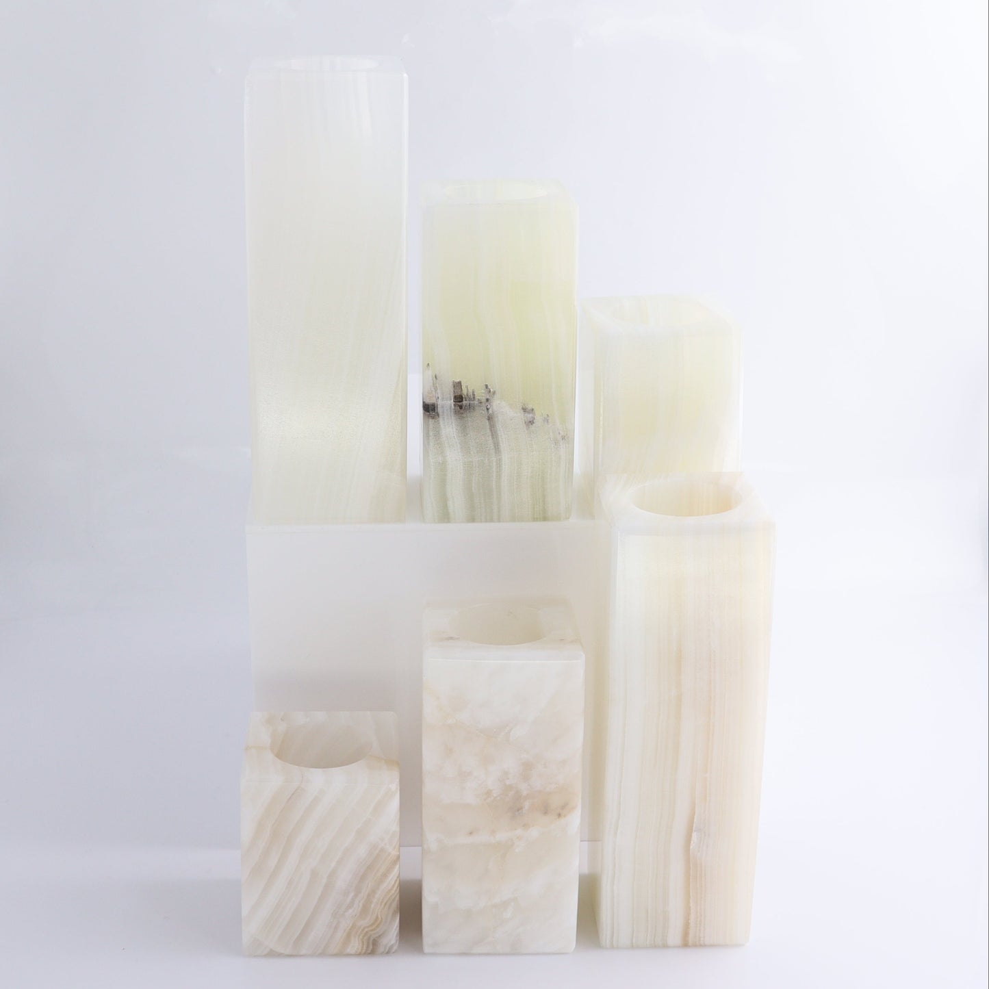 One Candle Holder Mexican Onyx/Calcite White Set of 3 - Expert Wholesale and Supplier of Wholesale Crystals & Bulk Gemstones, ["Calcite","Candle Holder","Catalog Onyx","Mexico","Onyx"]