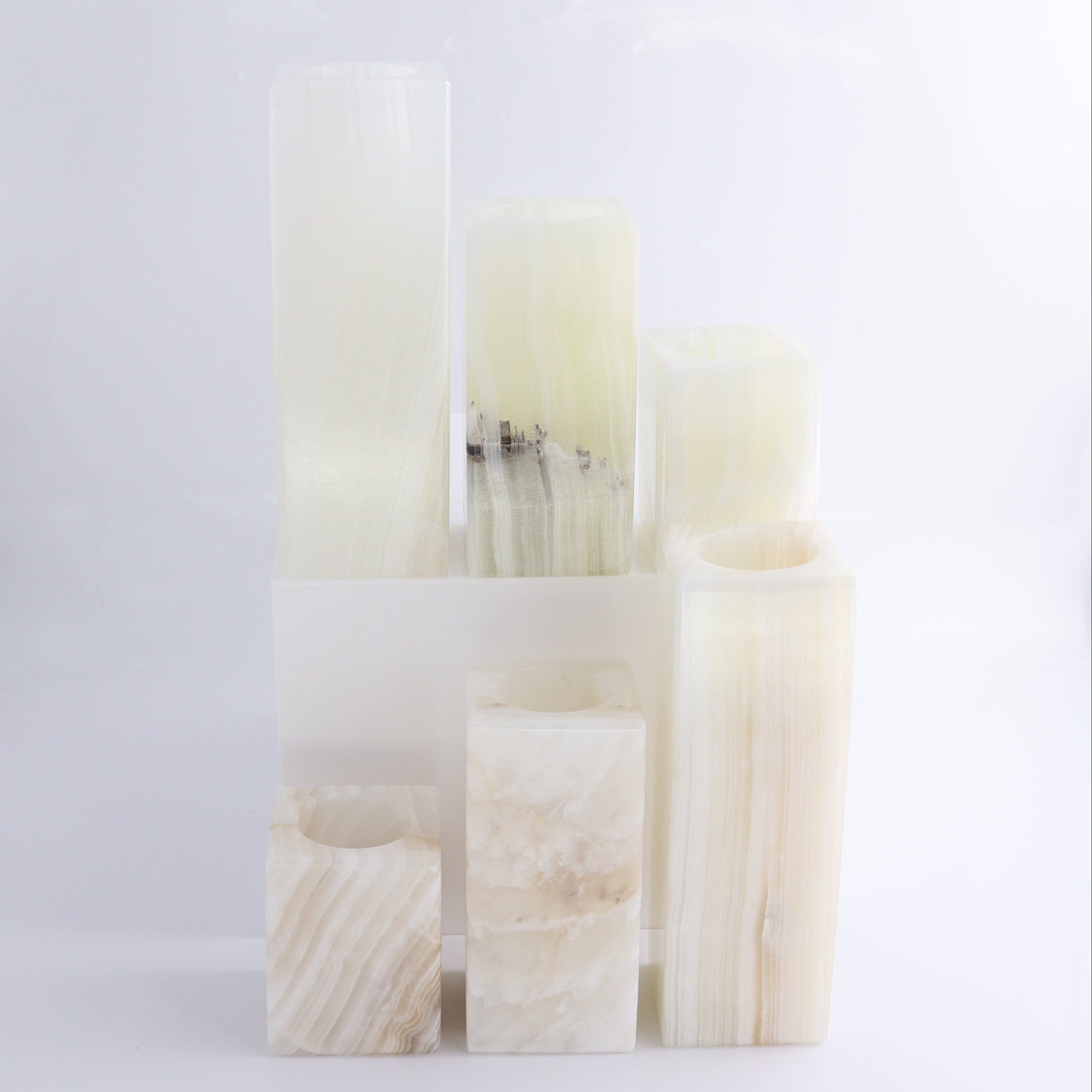 One Candle Holder Mexican Onyx/Calcite White Set of 3 - Expert Wholesale and Supplier of Wholesale Crystals & Bulk Gemstones, ["Calcite","Candle Holder","Catalog Onyx","Mexico","Onyx"]