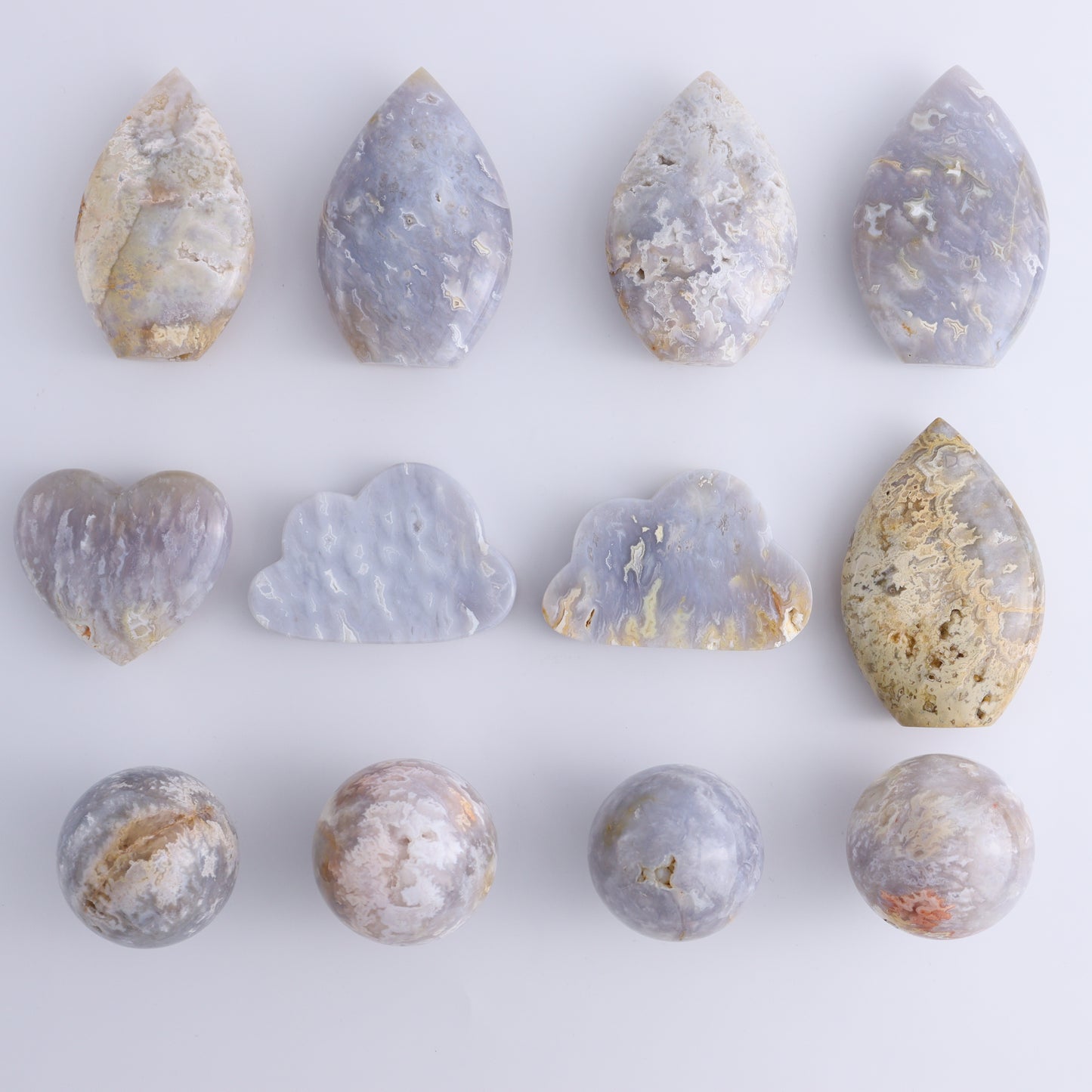 Agate Flames, Clouds, Spheres and a Heart Set of 12 - Expert Wholesale and Supplier of Wholesale Crystals & Bulk Gemstones, ["Agate","Clouds","flames","Hearts","Spheres"]