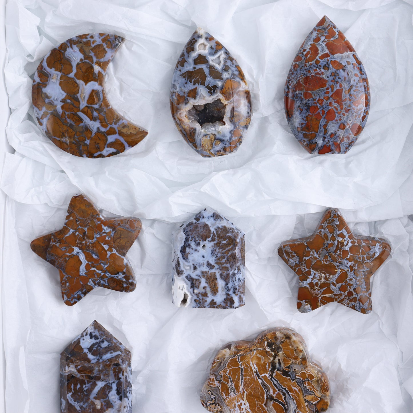 Brecciated Jasper Moons, Stars, Towers, Clouds, and Flames Set of 10