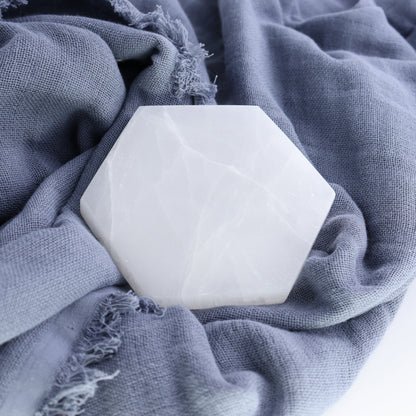 One Selenite (Satin Spar) Hexagon Charging Plate - Expert Wholesale and Supplier of Wholesale Crystals & Bulk Gemstones, ["close_30","Hexagon","Morocco","Selenite"]