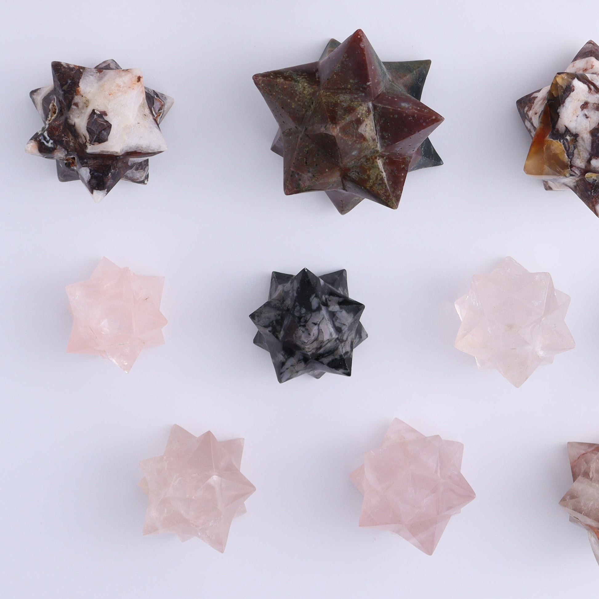 Mixed Stones Stars Cut Base Set of 17 - Expert Wholesale and Supplier of Wholesale Crystals & Bulk Gemstones, ["Brecciated Jasper","Cut Base","Indigo Gabbro","jasper","Quartz","Rose Quartz","stars"]