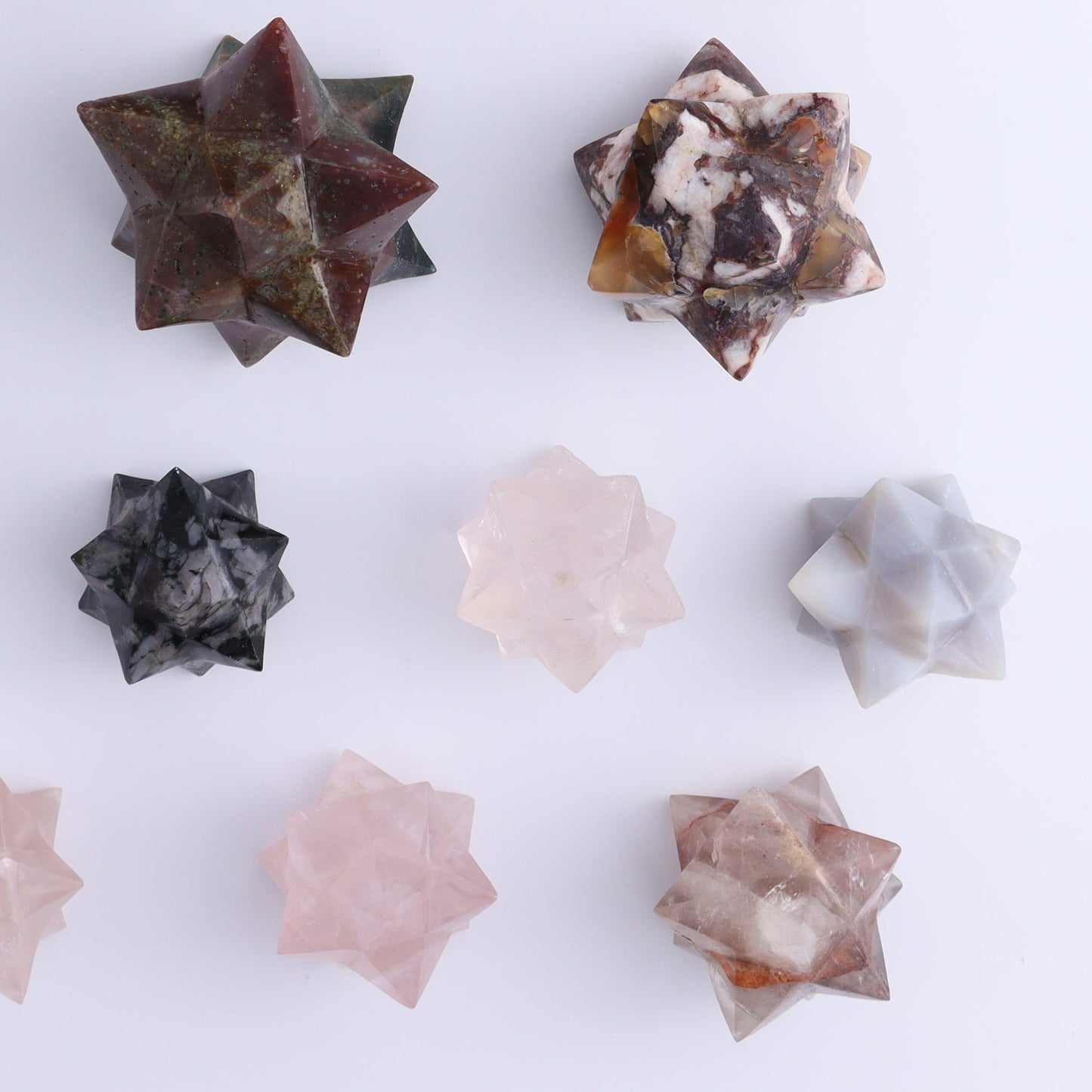 Mixed Stones Stars Cut Base Set of 17 - Expert Wholesale and Supplier of Wholesale Crystals & Bulk Gemstones, ["Brecciated Jasper","Cut Base","Indigo Gabbro","jasper","Quartz","Rose Quartz","stars"]