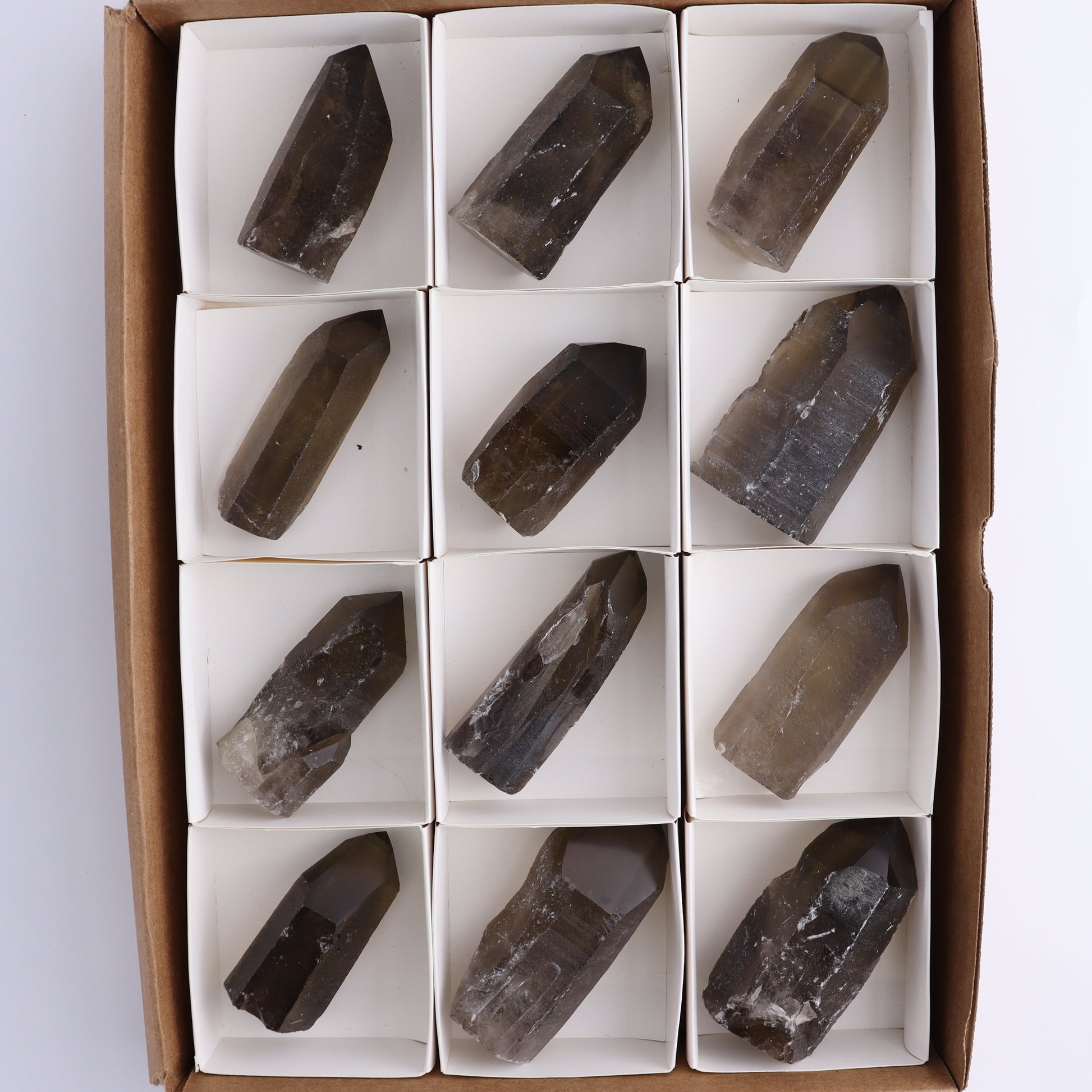 Smoky Quartz Polished Tops Set of 12 - Expert Wholesale and Supplier of Wholesale Crystals & Bulk Gemstones, ["Brazil","close_70","Points","Polished Tip","Quartz","Smoky Quartz"]