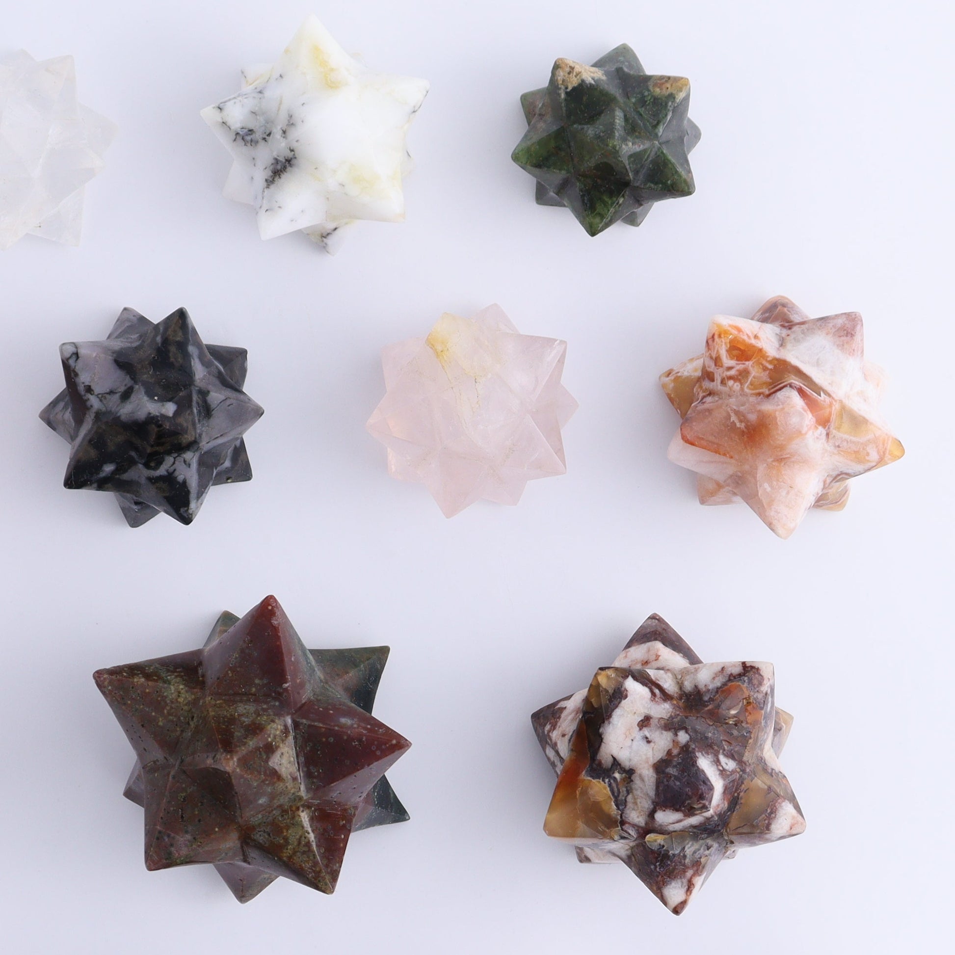 Mixed Stones Stars Cut Base Set of 17 - Expert Wholesale and Supplier of Wholesale Crystals & Bulk Gemstones, ["Brecciated Jasper","Cut Base","Indigo Gabbro","jasper","Quartz","Rose Quartz","stars"]