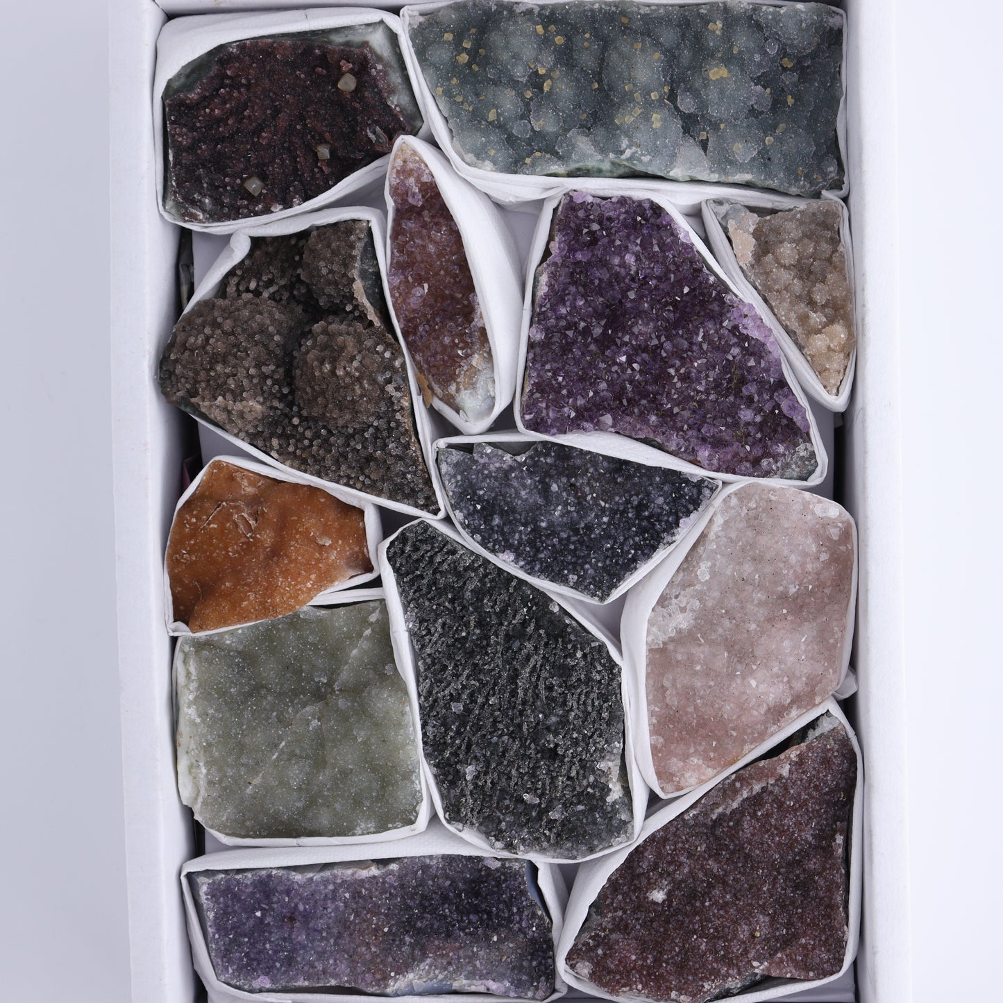 Uruguay Rainbow Amethyst Clusters Flat of 13 - Expert Wholesale and Supplier of Wholesale Crystals & Bulk Gemstones, ["Amethyst","Clusters","Rainbow Amethyst","Sugar Rainbow Amethyst","Uruguay"]