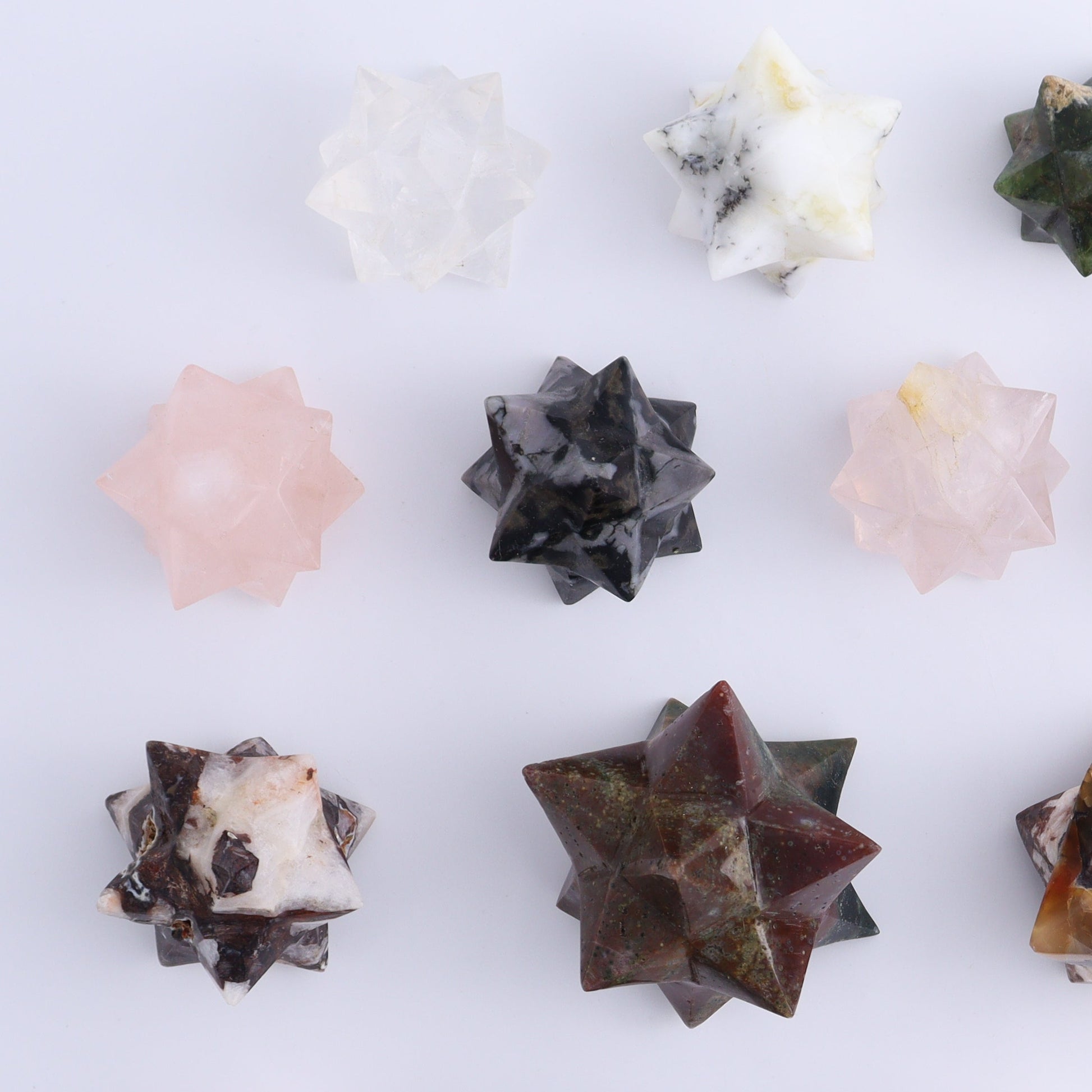 Mixed Stones Stars Cut Base Set of 17 - Expert Wholesale and Supplier of Wholesale Crystals & Bulk Gemstones, ["Brecciated Jasper","Cut Base","Indigo Gabbro","jasper","Quartz","Rose Quartz","stars"]