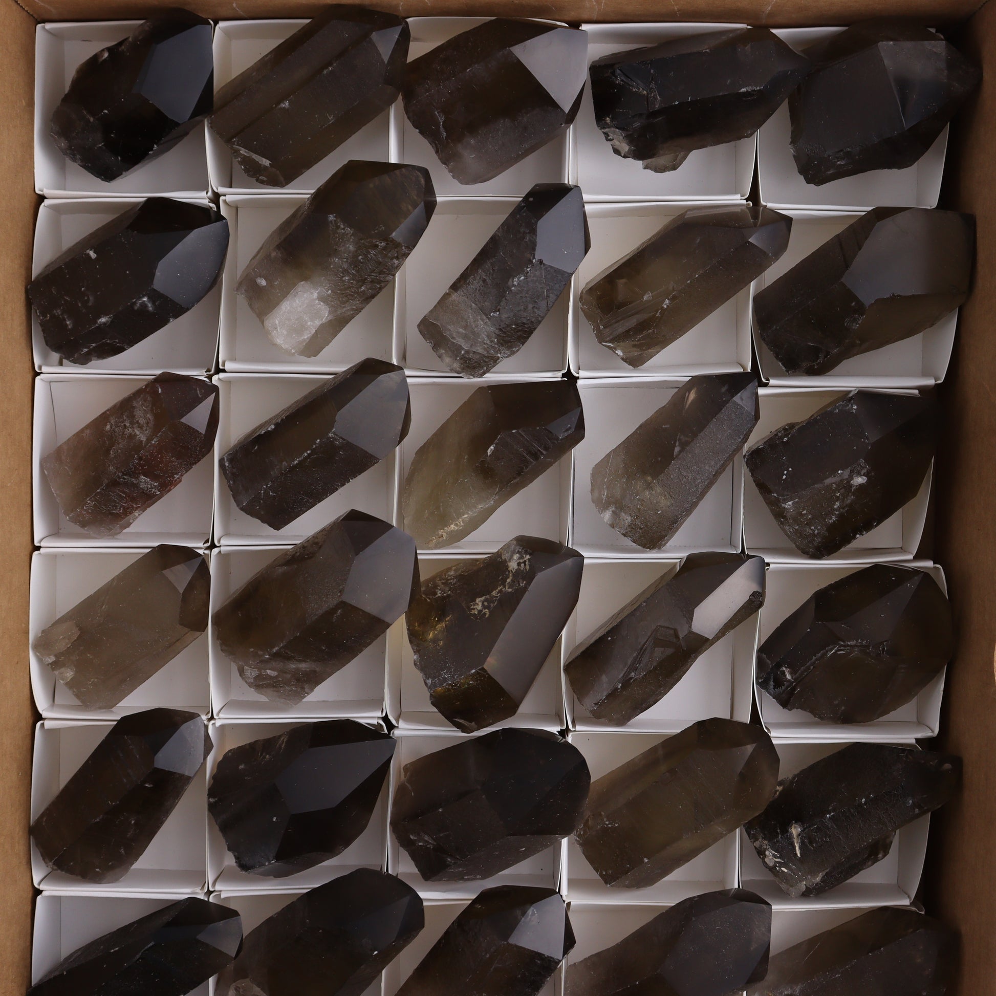 Smoky Quartz Polished Tops Set of 35 - Expert Wholesale and Supplier of Wholesale Crystals & Bulk Gemstones, ["Brazil","close_70","Points","Quartz","Smoky Quartz"]