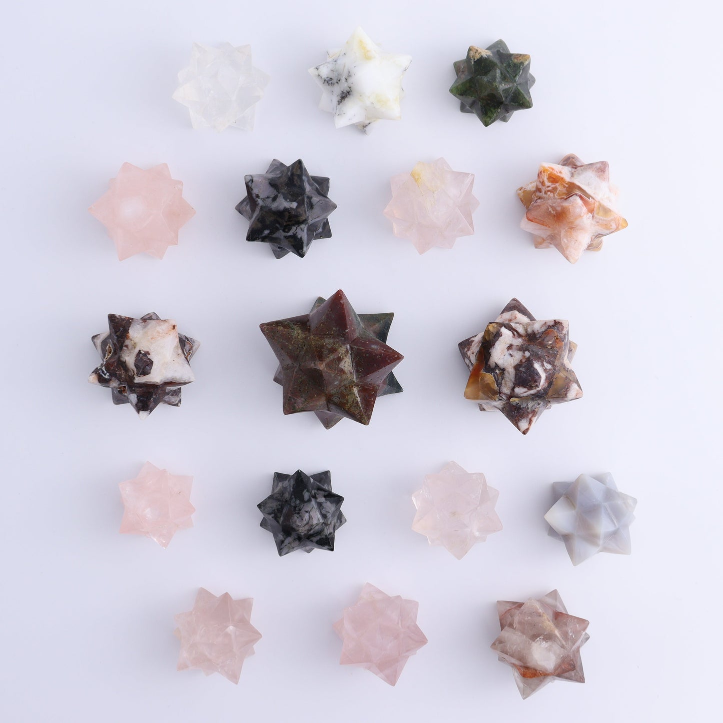 Mixed Stones Stars Cut Base Set of 17 - Expert Wholesale and Supplier of Wholesale Crystals & Bulk Gemstones, ["Brecciated Jasper","Cut Base","Indigo Gabbro","jasper","Quartz","Rose Quartz","stars"]