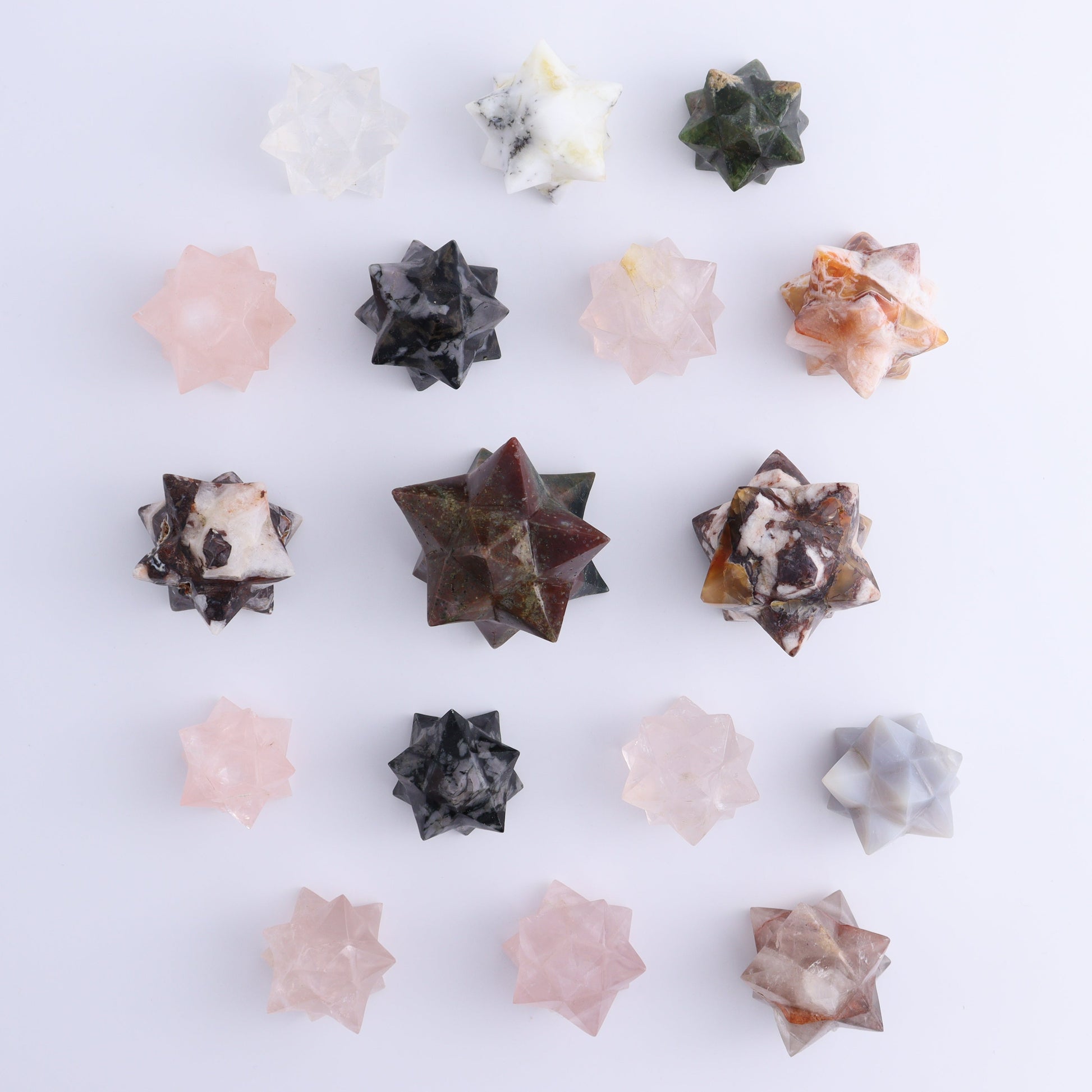 Mixed Stones Stars Cut Base Set of 17 - Expert Wholesale and Supplier of Wholesale Crystals & Bulk Gemstones, ["Brecciated Jasper","Cut Base","Indigo Gabbro","jasper","Quartz","Rose Quartz","stars"]