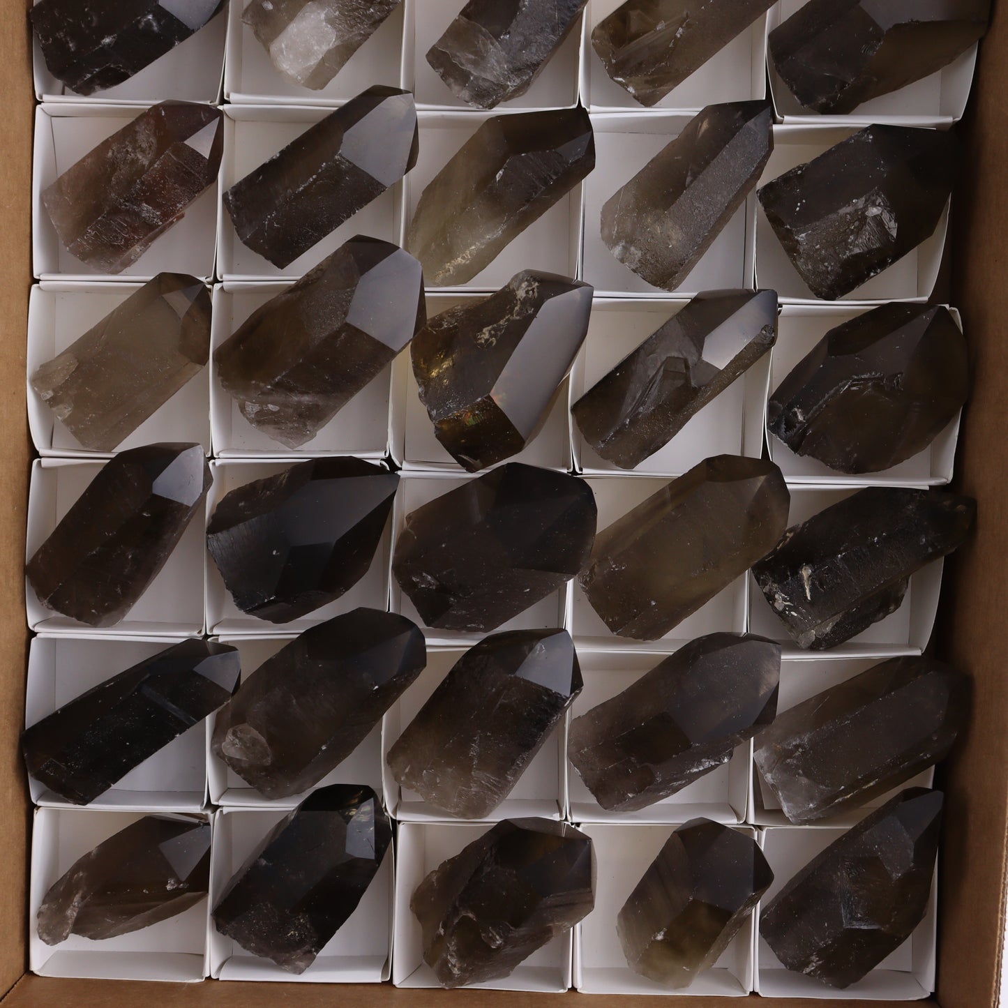 Smoky Quartz Polished Tops Set of 35 - Expert Wholesale and Supplier of Wholesale Crystals & Bulk Gemstones, ["Brazil","close_70","Points","Quartz","Smoky Quartz"]