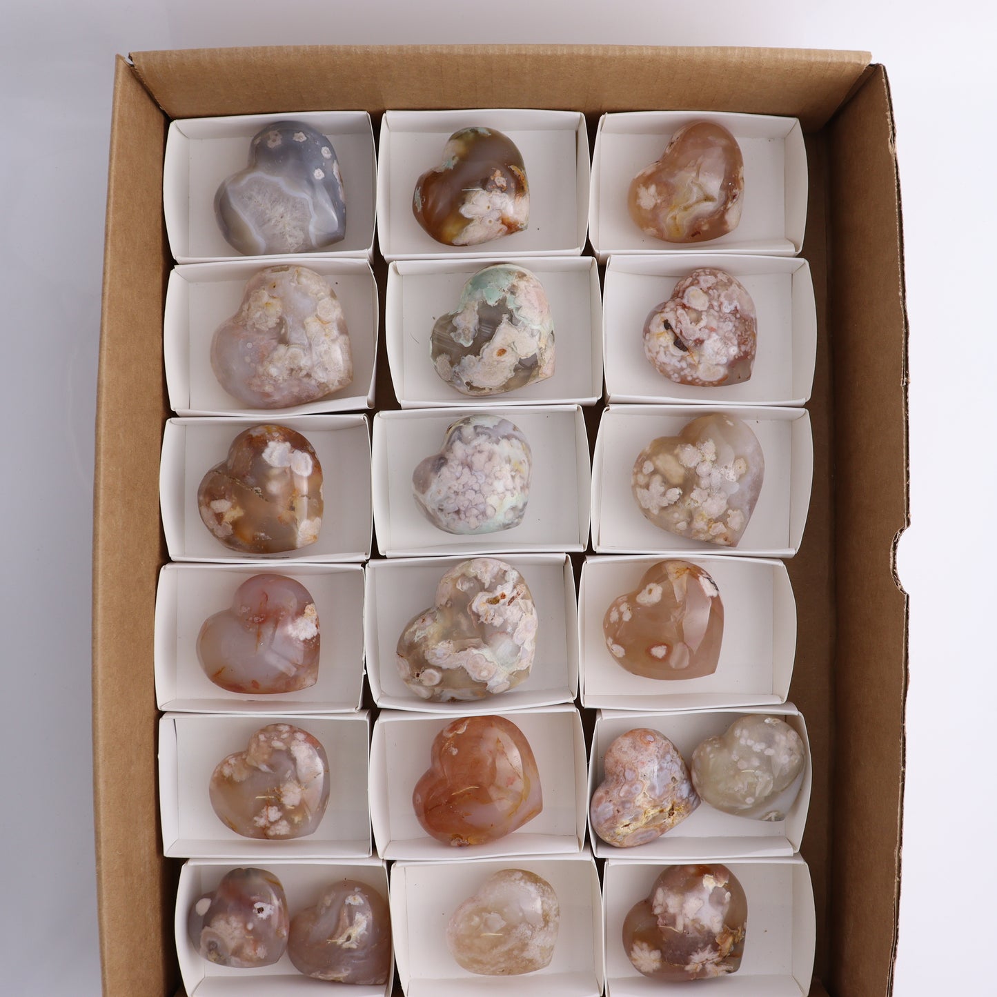 Flower Agate Hearts Flat of 20 - Expert Wholesale and Supplier of Wholesale Crystals & Bulk Gemstones, ["Flower Agate","Hearts","Madagascar"]