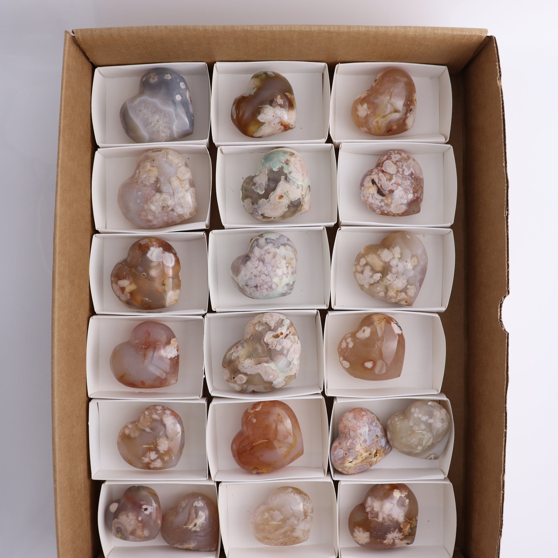 Flower Agate Hearts Flat of 20 - Expert Wholesale and Supplier of Wholesale Crystals & Bulk Gemstones, ["Flower Agate","Hearts","Madagascar"]