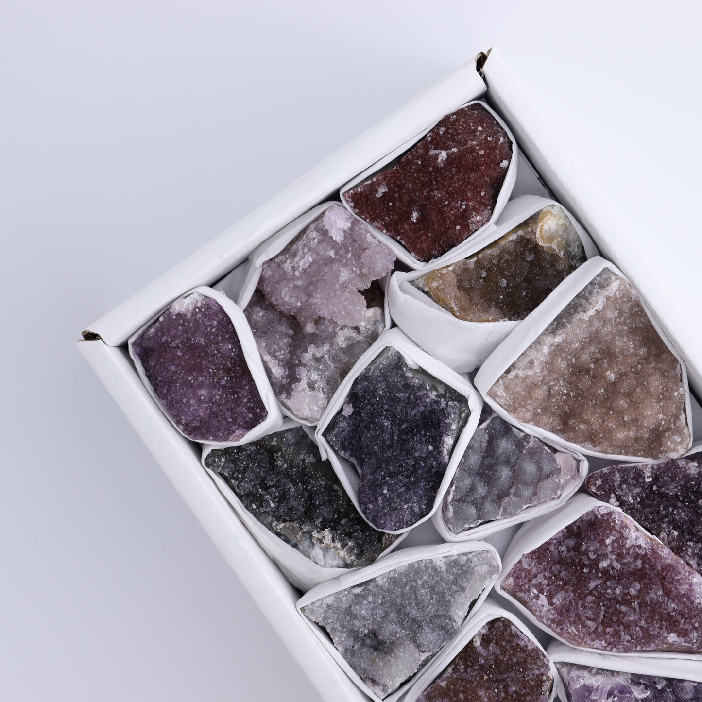 Uruguay Rainbow Amethyst Clusters Flat of 15 - Expert Wholesale and Supplier of Wholesale Crystals & Bulk Gemstones, ["Amethyst","Clusters","Rainbow Amethyst","Sugar Rainbow Amethyst","Uruguay"]
