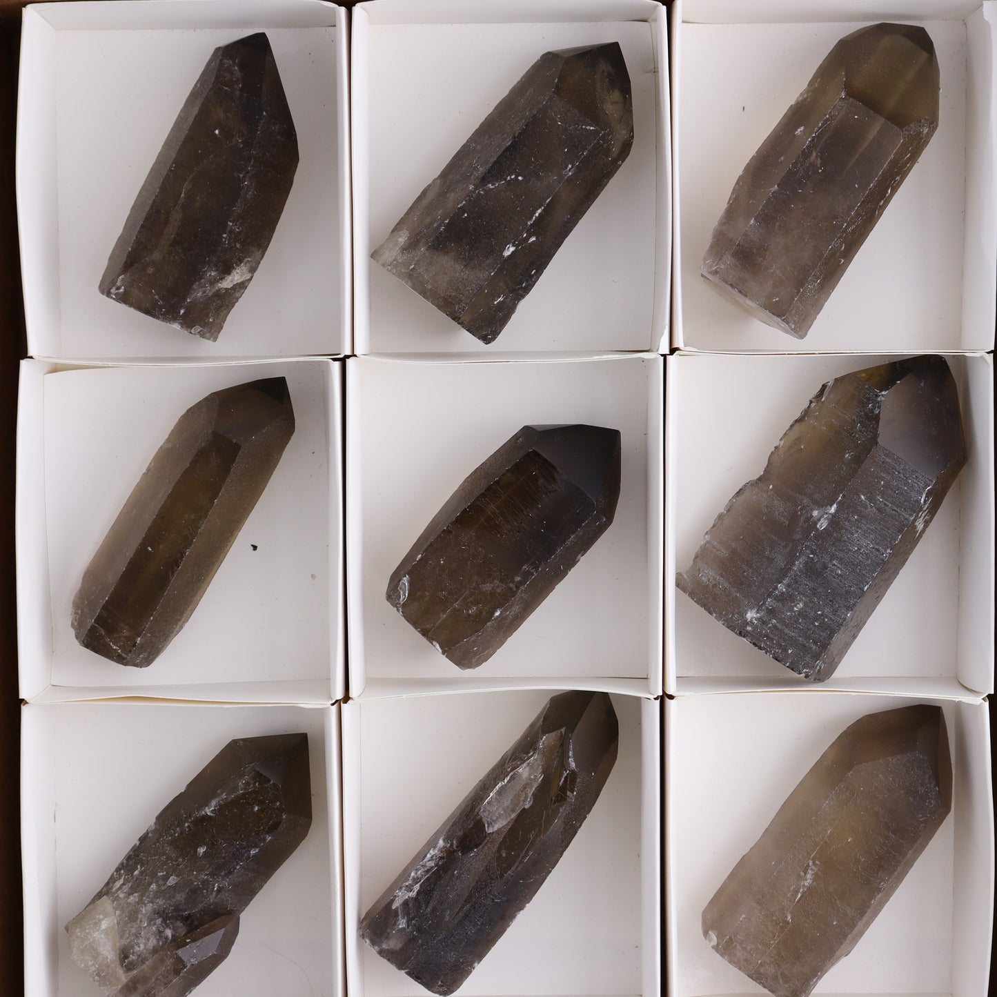 Smoky Quartz Polished Tops Set of 12 - Expert Wholesale and Supplier of Wholesale Crystals & Bulk Gemstones, ["Brazil","close_70","Points","Polished Tip","Quartz","Smoky Quartz"]